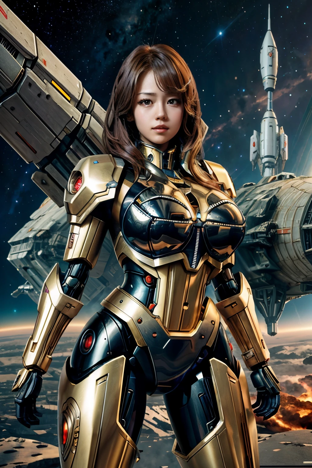 Masterpiece, Female Mecha Warrior in front of space ships, giga_busty