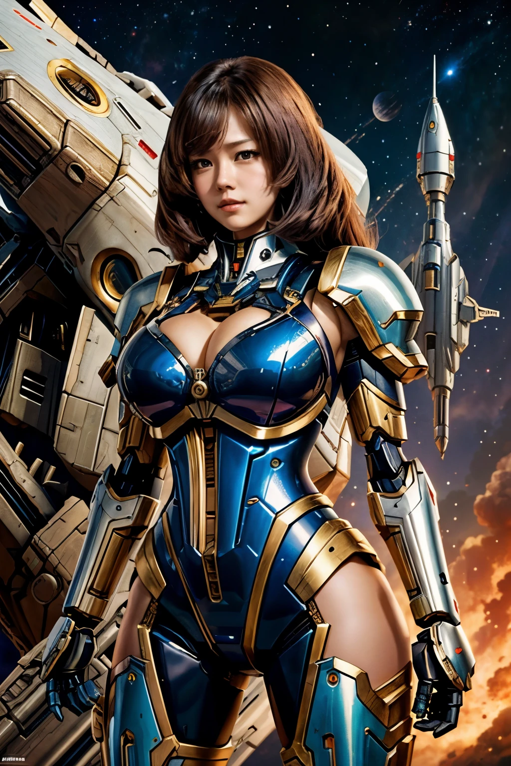 Masterpiece, Female Mecha Warrior in front of space ships, giga_busty
