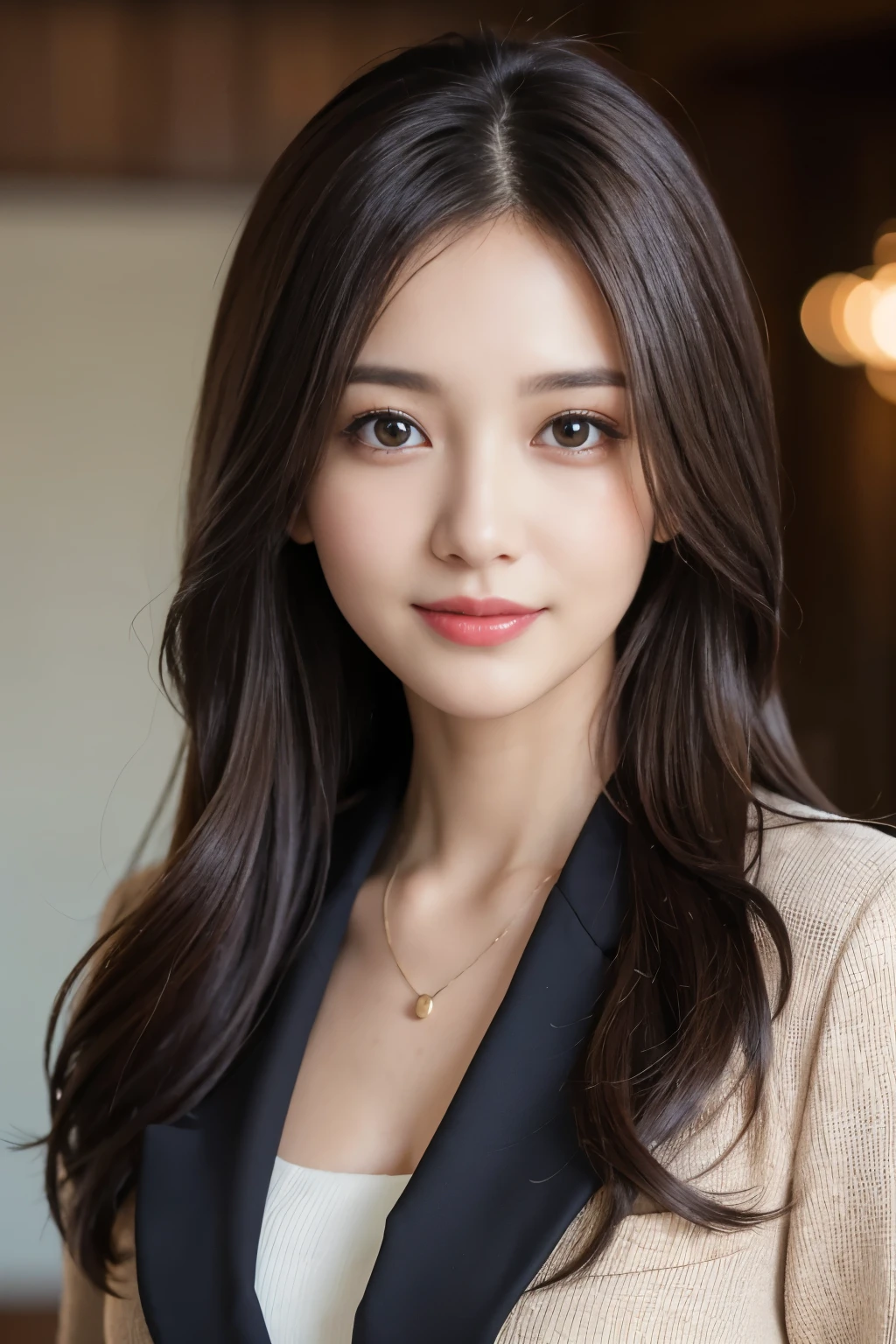 table top、highest quality、genuine、Super detailed、finely、High resolution、8k wallpaper、one beautiful woman、、、light brown disheveled hair、wearing a business suit、sharp focus、perfect dynamic composition、beautiful and detailed eyes、thin hair、詳細なgenuineな肌の質感、smile、close-up portrait、model body shape