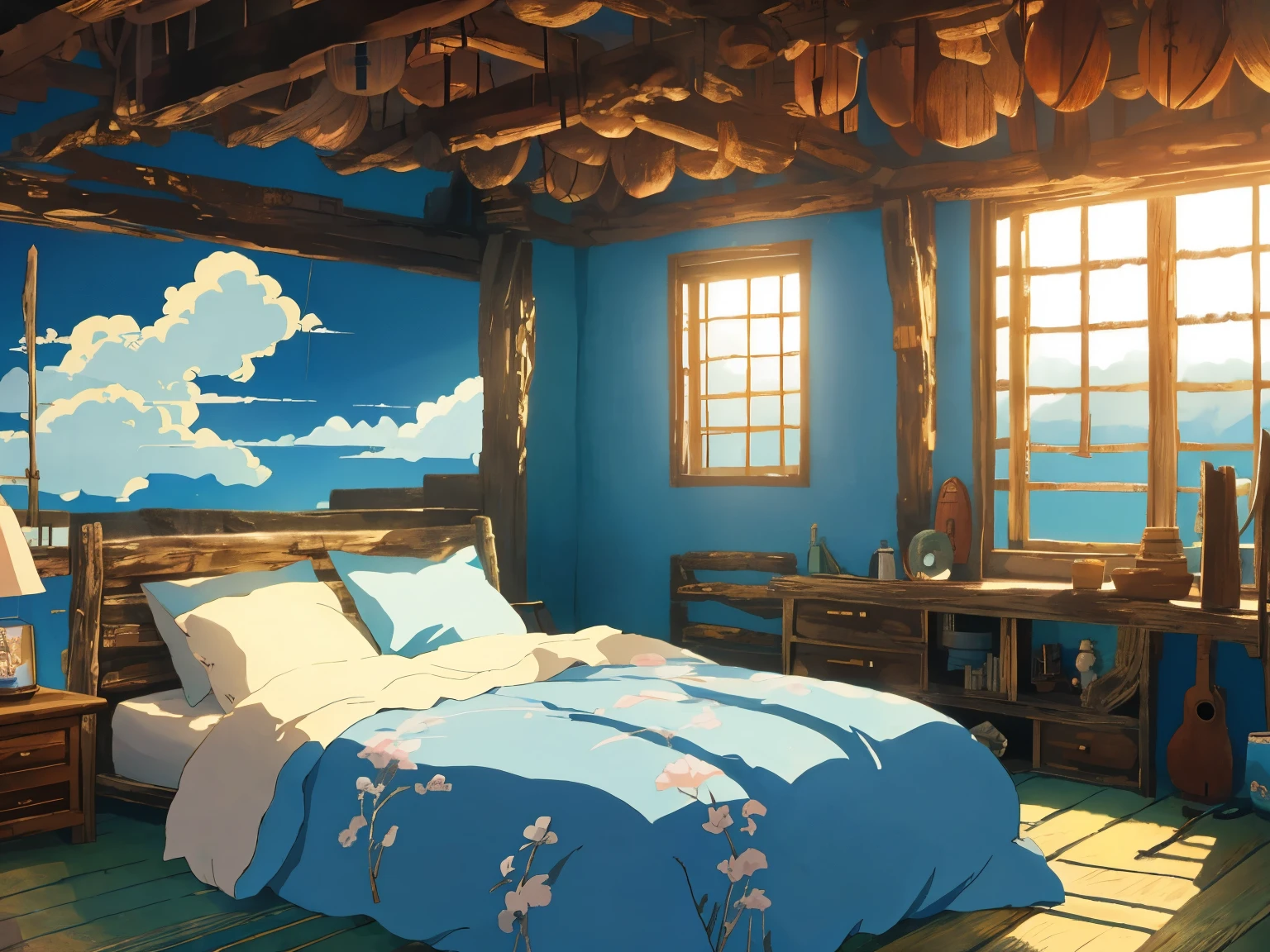 DVD screengrab from studio ghibli movie, (beautiful rustic bedroom interior:1.4), clouds on blue sky, designed by Hayao Miyazaki, retro anime