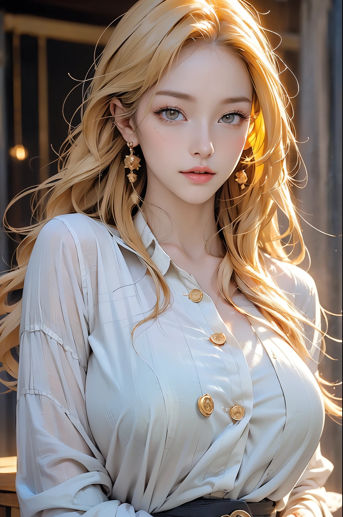 (masterpiece:1.3), (8k, lifelike, original photo, best quality: 1.4), (1 girl), pretty face, (realistic face), (long golden hair), beautiful hairstyle, realistic eyes, Beautiful and delicate eyes (yellow eyes), (lifelike皮肤), beautiful skin, (sweater), ridiculous, attractive, ultra high resolution, Surreal, Very detailed, golden ratio，Naked trench (huge breasts:1.2),wet skin（（rogue））Cool atmosphere