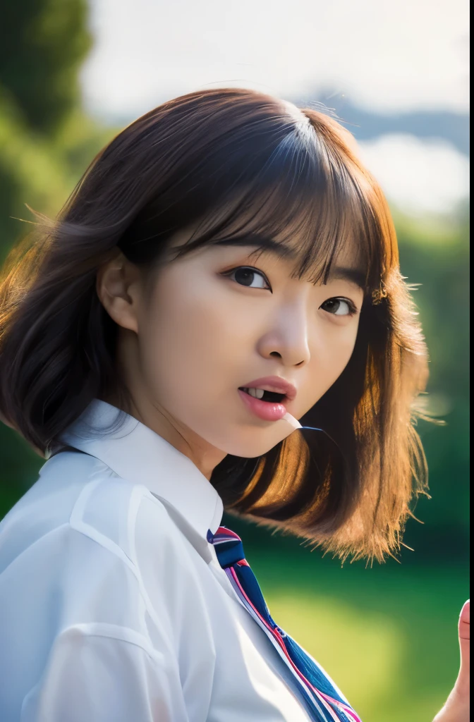 Realisticな,(master piece, high quality:1.2) ,Realistic, RAW photography, wide wide shot, ( Hand Sign), verbal invitation, she keeps her mouth open, (just enough to make ends meet), adjust hair, tie hair,