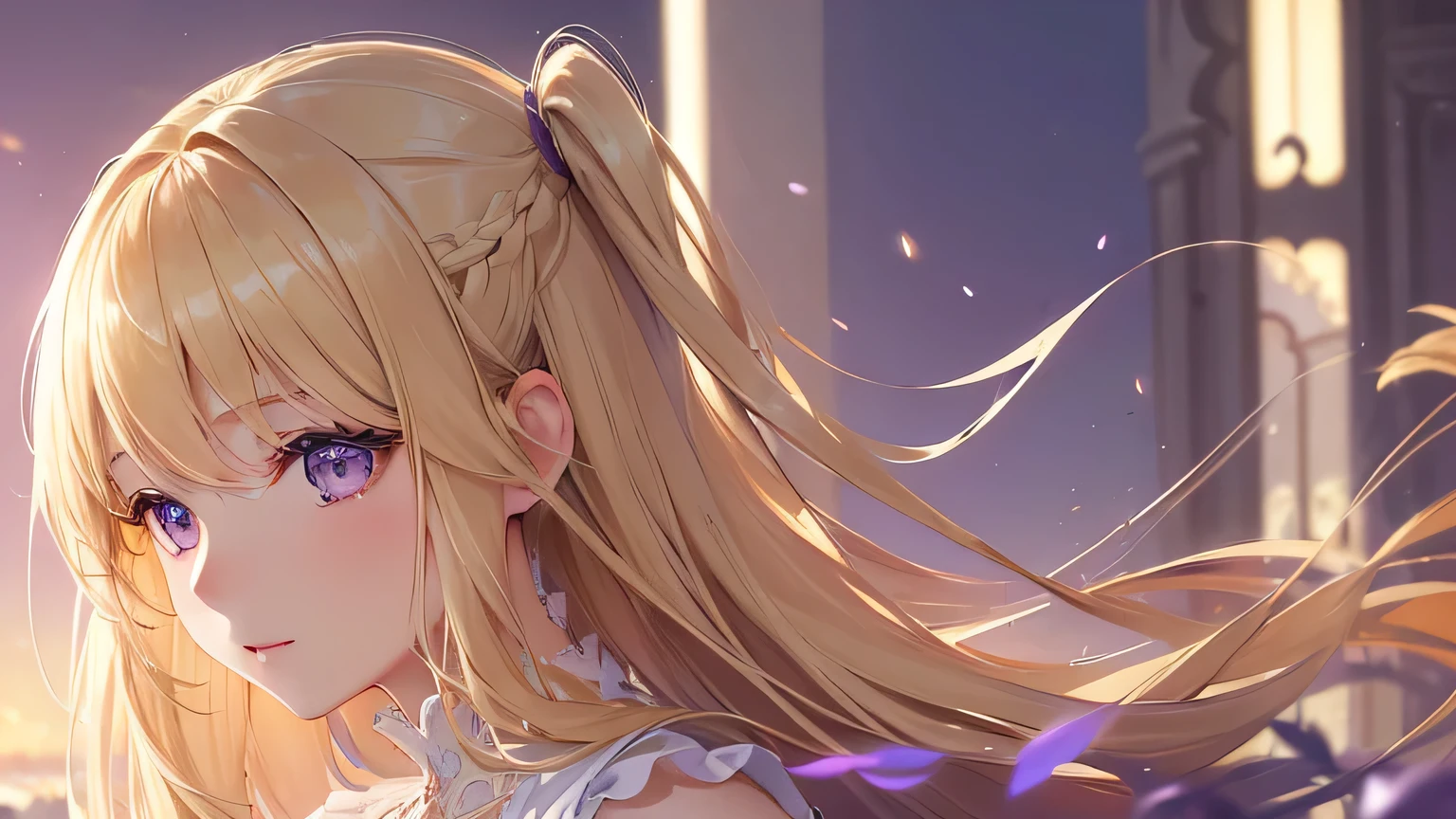 1 girl,Depp's Sense,confused,catch light,Super beautiful illustration,(beautiful blonde,Double-sided up hairstyles:1.3),profile,landscape,;d,beautiful and delicate flowing hair,(delicate and detailed purple eyes:1.2),emphasized chest,left position