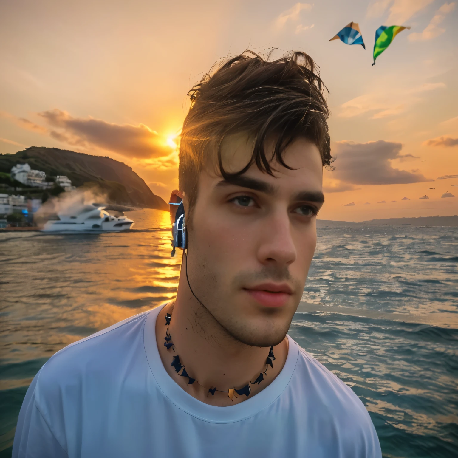 european man 25 years old, black hair, little mouth, rounded and closed mouth, thicked lips, full lips, light green eyes, little nose, narrow nose. he's not looking at the camera. he is using a bluetooth headset. he has a choker and wears a white t-shirt. in the background the sea and the sunset appear there are two kites in the air. cinematic lighting, photorealistic