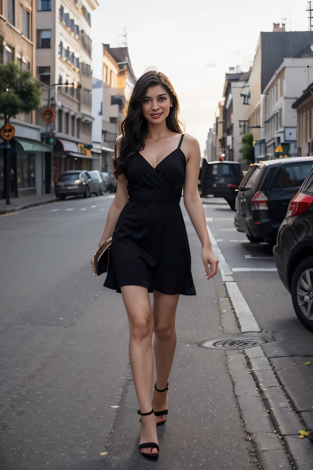 1 pretty woman, messy long hair, small waist, skinny, short sleeveless black dress, black choker, white socks, heeled sandals,  full body view