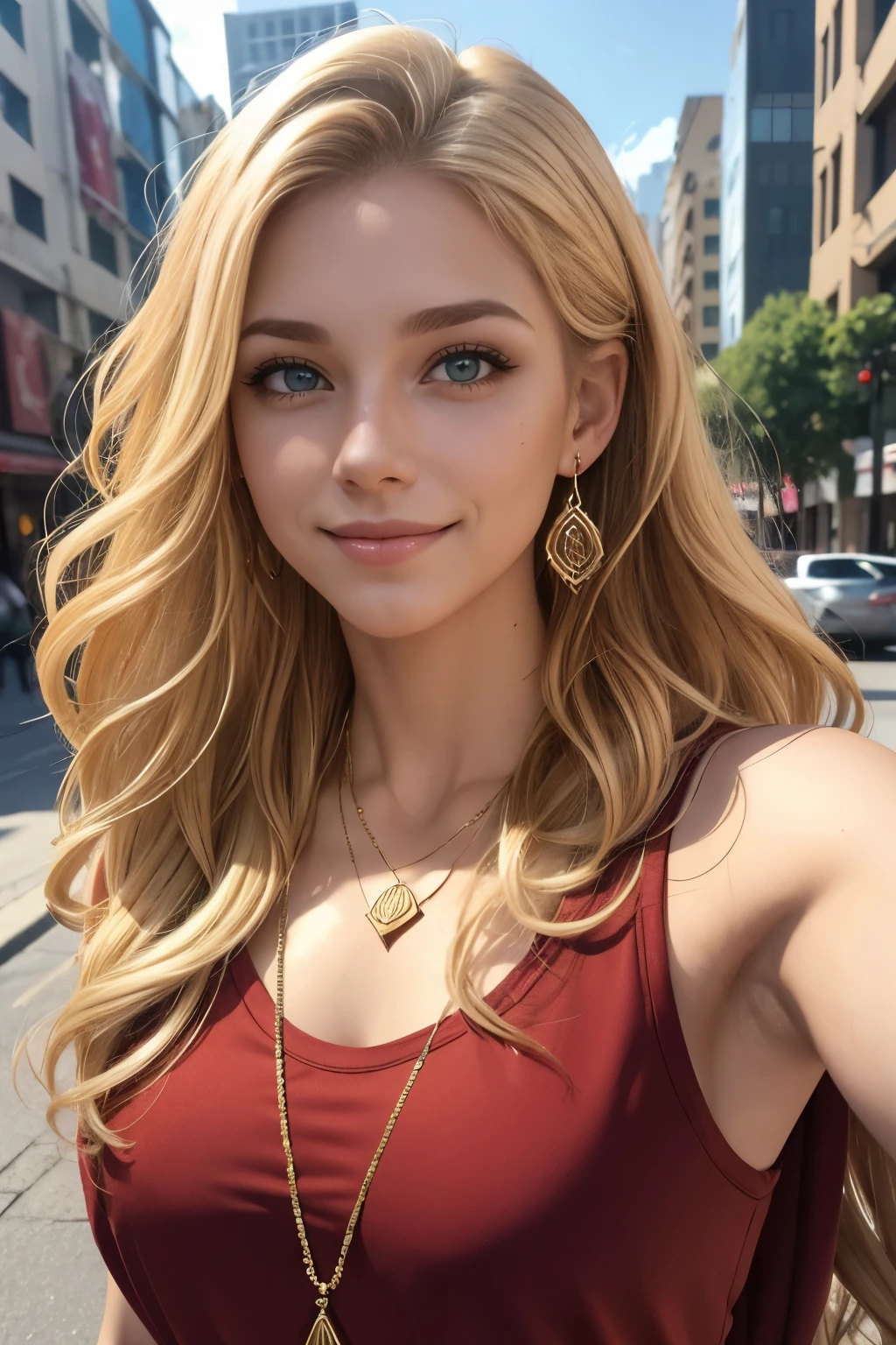 Caucasian woman, green eyes, lined eyes, blonde hair, hair with brown roots, wavy hair, long hair, red painted mouth, smile, gold earrings, necklace, athletic body, (rojo top texture), earrings, city, focus on face, selfie pose, frontal shot.
