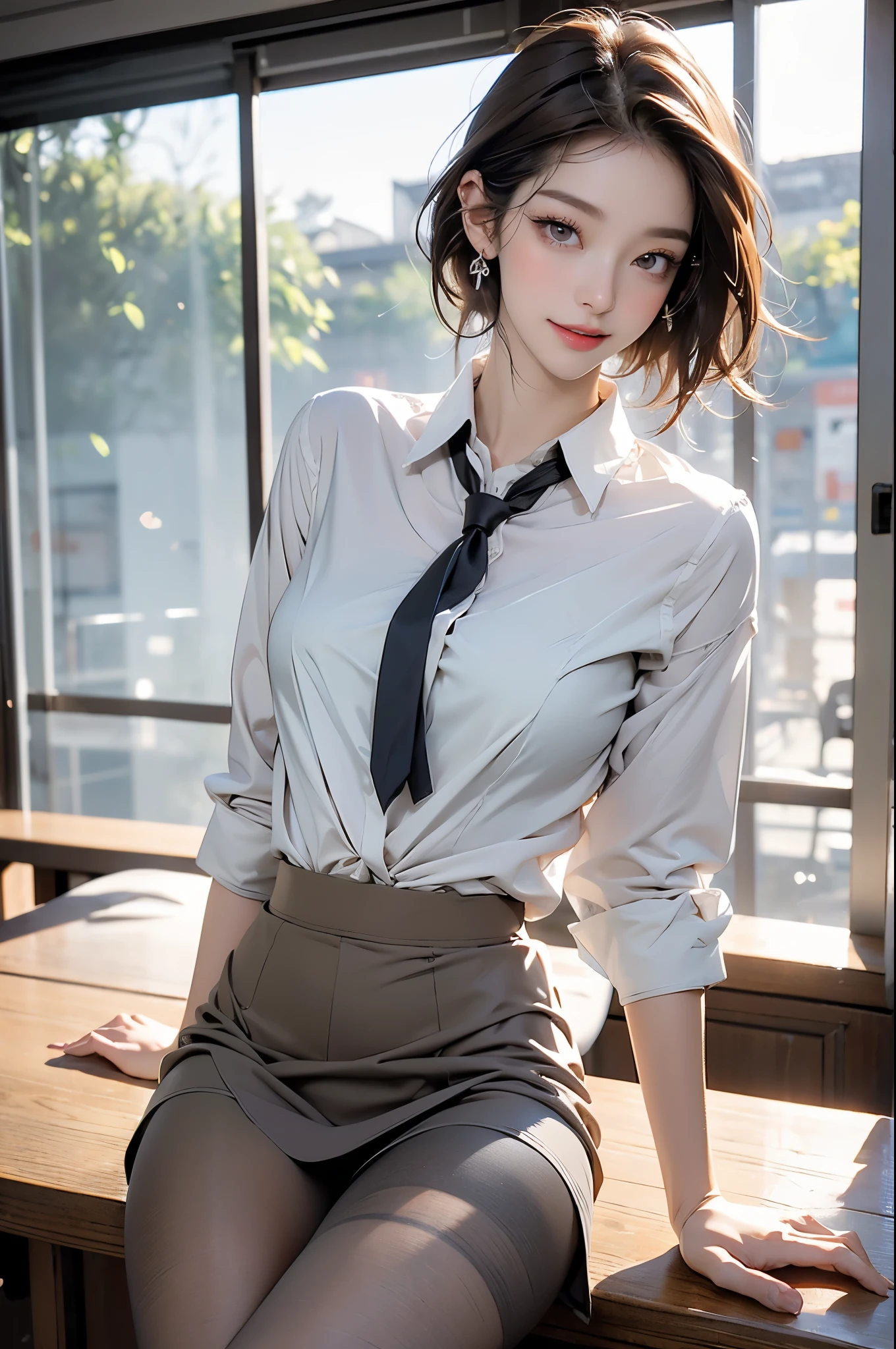 Korean school uniform、summer school uniform shirt、tight shirt、ribbon tie、skirt made of、School、School的楼梯、Emphasis on placing arms in front of chest、Slender and long、8K RAW photos、high resolution、age:18 、Japanese、Incision eye、very large round breasts、Beautiful eyes are meticulous、long eyelashes、beautiful double eyelids、eye shadow、Eyeliner、slender eyes、elongate eye shape、Three white eyes、Beautiful and thin legs、Beautiful and thin thighs、Random Shorthair、tie hair back、ear nipple ring、light brown hair、(wearing pantyhose)、Thighs are very、Smile、mouth slightly open，Naked trench (huge breasts:1.2),wet skin（（rogue））Cool atmosphere