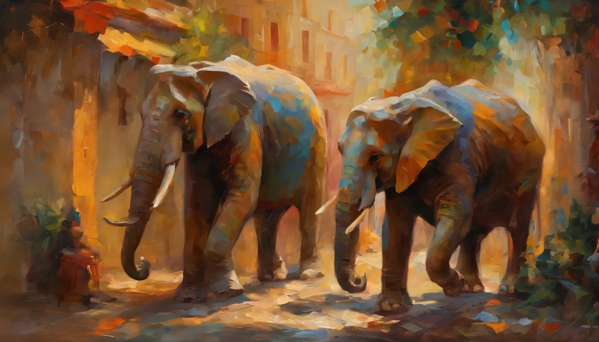 Two war elephants are fighting each other, Vista city and skyline,plethora of colors,Crowd movement,There are vehicles passing by,Produces flying shadows,Close up of a delicate woman drinking coffee under a warm street lamp by the river,Bright abstract oil painting style