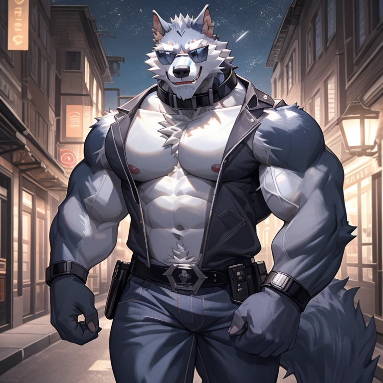 Freddy(Dislyte),werewolf,male,uncle,adult,alone,4K,best quality,looking at the audience,,walk,hairy body,furry tail,Hairy chest,chest muscles,Pink nipples,Six-pack abs,biceps,anatomically correct,Delicate fur,pride,soft shadow,majestic ,High quality eyes,Green eyes,black pupils,Sharp eyes,Grandiose,Valiantary,Black sleeveless vest,Black collar,Wearing sunglasses,blue jeans,black belt,Black combat boots,Smile confidently,Strong,mature,night,street,City,no audience