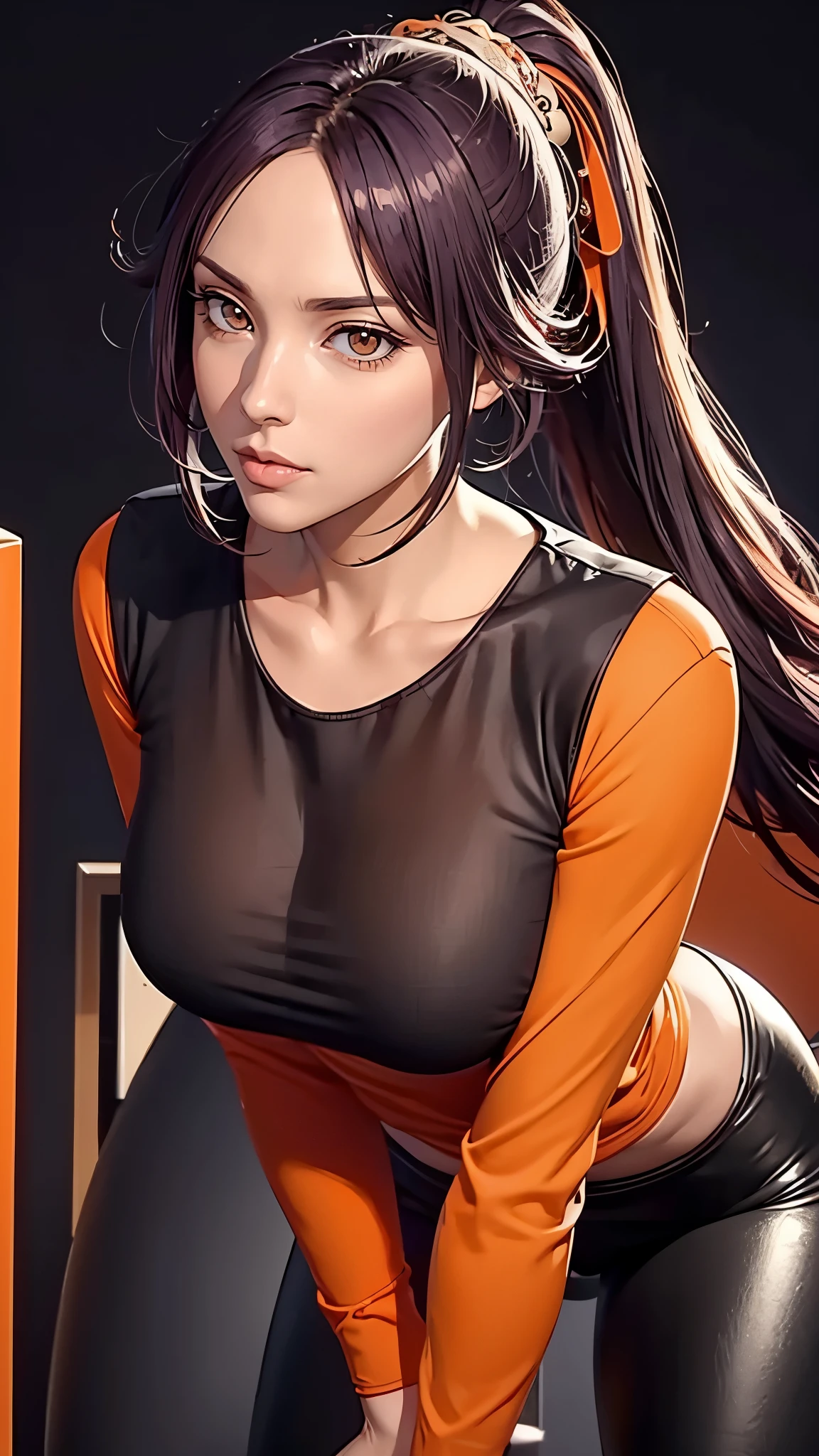 （（（完美figure，figure，black leggings，Orange and white top， (orange shirt:1.5), long sleeves,（（（shihouin yoruichi，Golden pupil，1girl，dark-skinned female，solo，ponytail，long purple hair ））），（（（wide hips））），S型figure:1.7））），((masterpiece)),high resolution, ((Best quality at best))，masterpiece，quality，Best quality，（（（ Exquisite facial features，looking at the audience,There is light in the eyes，lol，confidence））），（（（Light and shadow interlace，huge ））），（（（looking into camera，bend over，Body forward， ）））