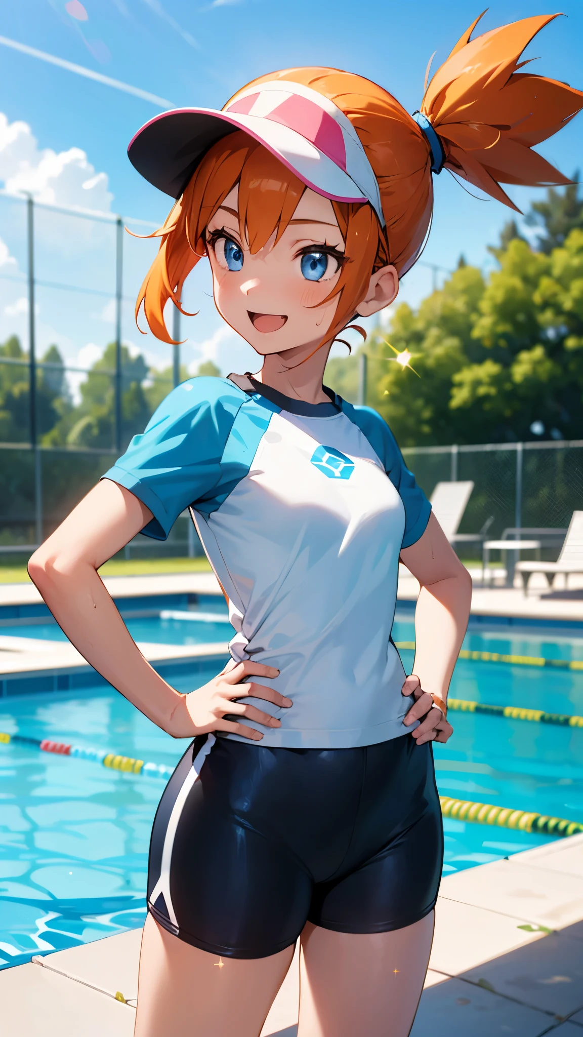 1 girl, masterpiece, best quality, highres, ro1, Misty from pokemon, hair bun, blue eyes, visor cap, , raglan sleeves, blue bicycle shorts, small ponytail on the side, wristwatch, standing, hand on hip, smile, open mouth, (sparkle:1.1), orange hair, medium breasts, 3/4 body view, outdoors, swimming pool