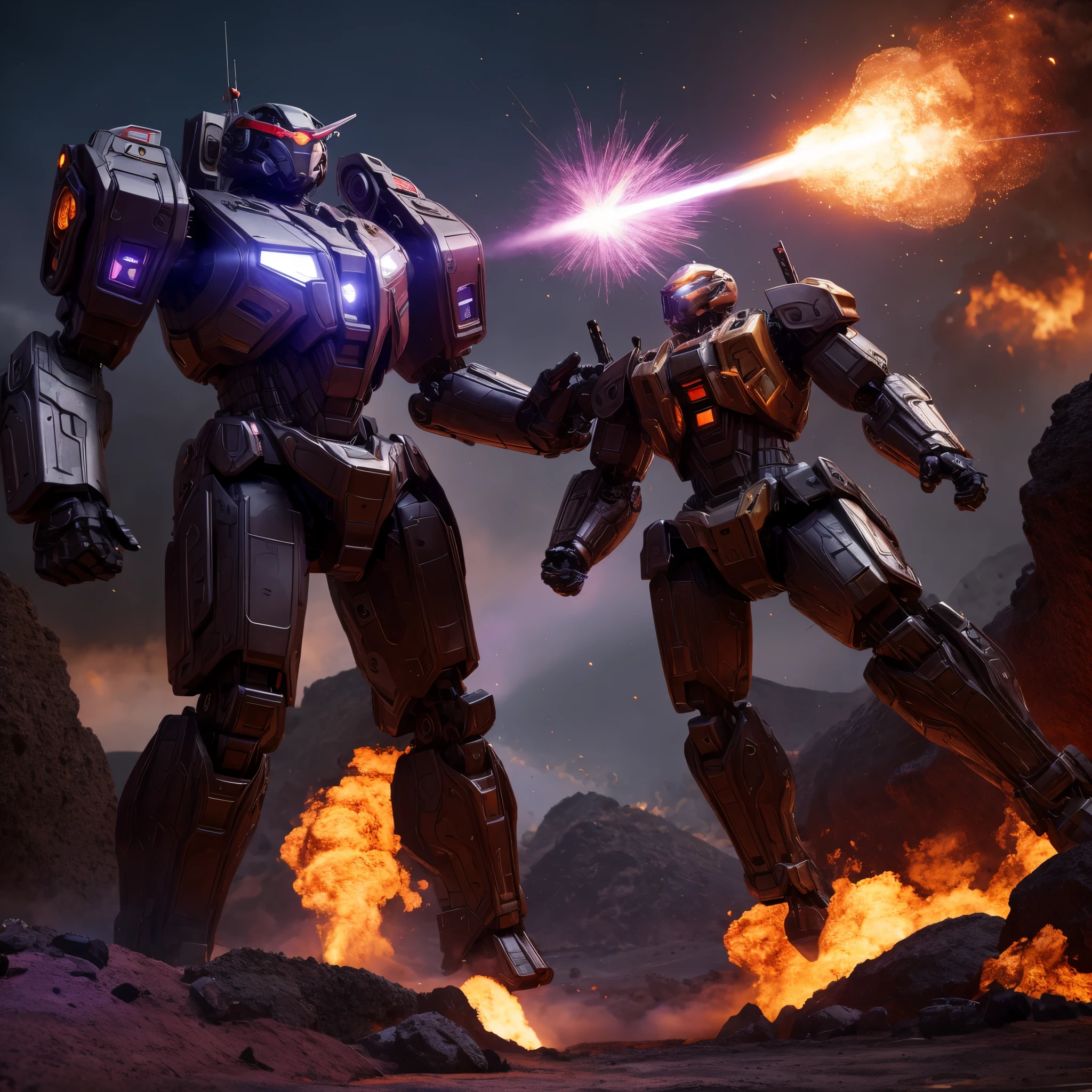 (best quality,4k,8k,highres,masterpiece:1.2),ultra-detailed,(realistic,photorealistic,photo-realistic:1.37), battle mech, purple, heart themed symbols, powerful love gun, action pose, volcanic asteroid, mechanical, futuristic, metallic, dynamic lighting, smoke effects, intense colors, explosive atmosphere