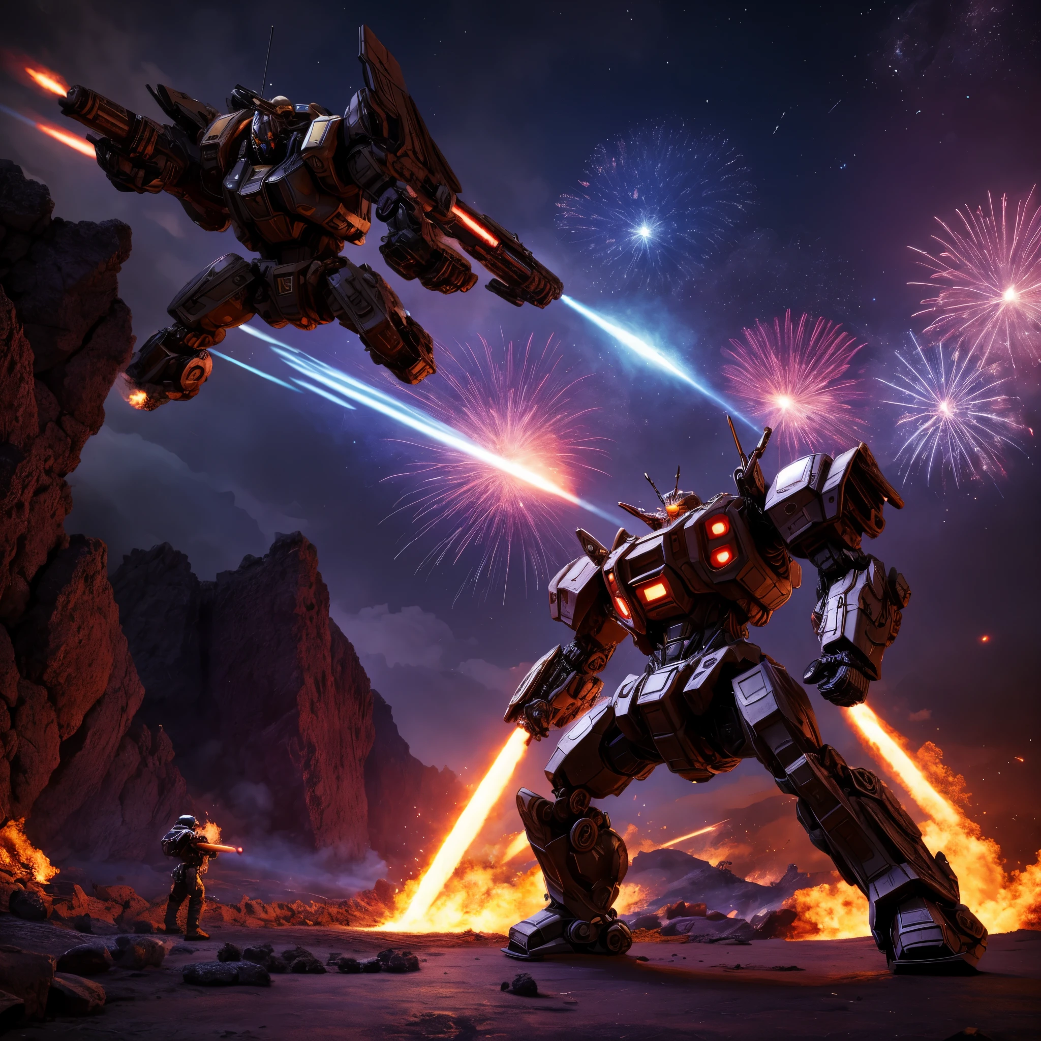 (best quality,4k,8k,highres,masterpiece:1.2),ultra-detailed,(realistic,photorealistic,photo-realistic:1.37), battle mech, purple, heart themed symbols, powerful love gun, action pose, volcanic asteroid, mechanical, futuristic, metallic, dynamic lighting, smoke effects, intense colors, explosive atmosphere