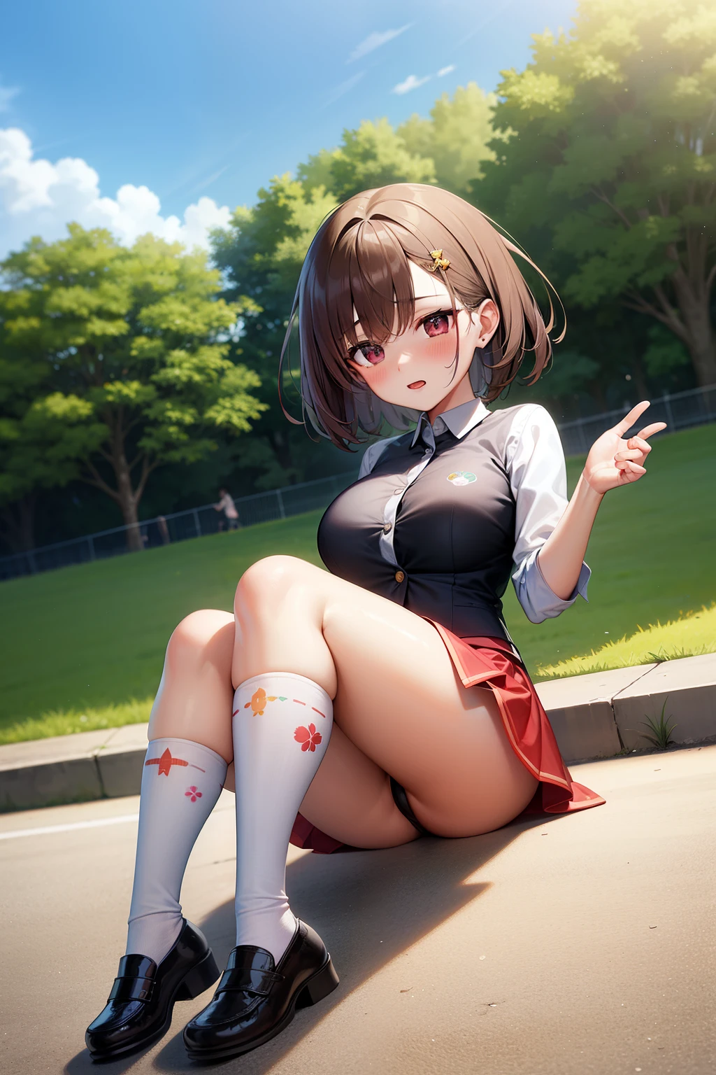 Red mini-skirt dress, white socks, printed pants, shapely big breasts, charming butt, baby face, hands in pockets, legs kicked up, local park, blushing,