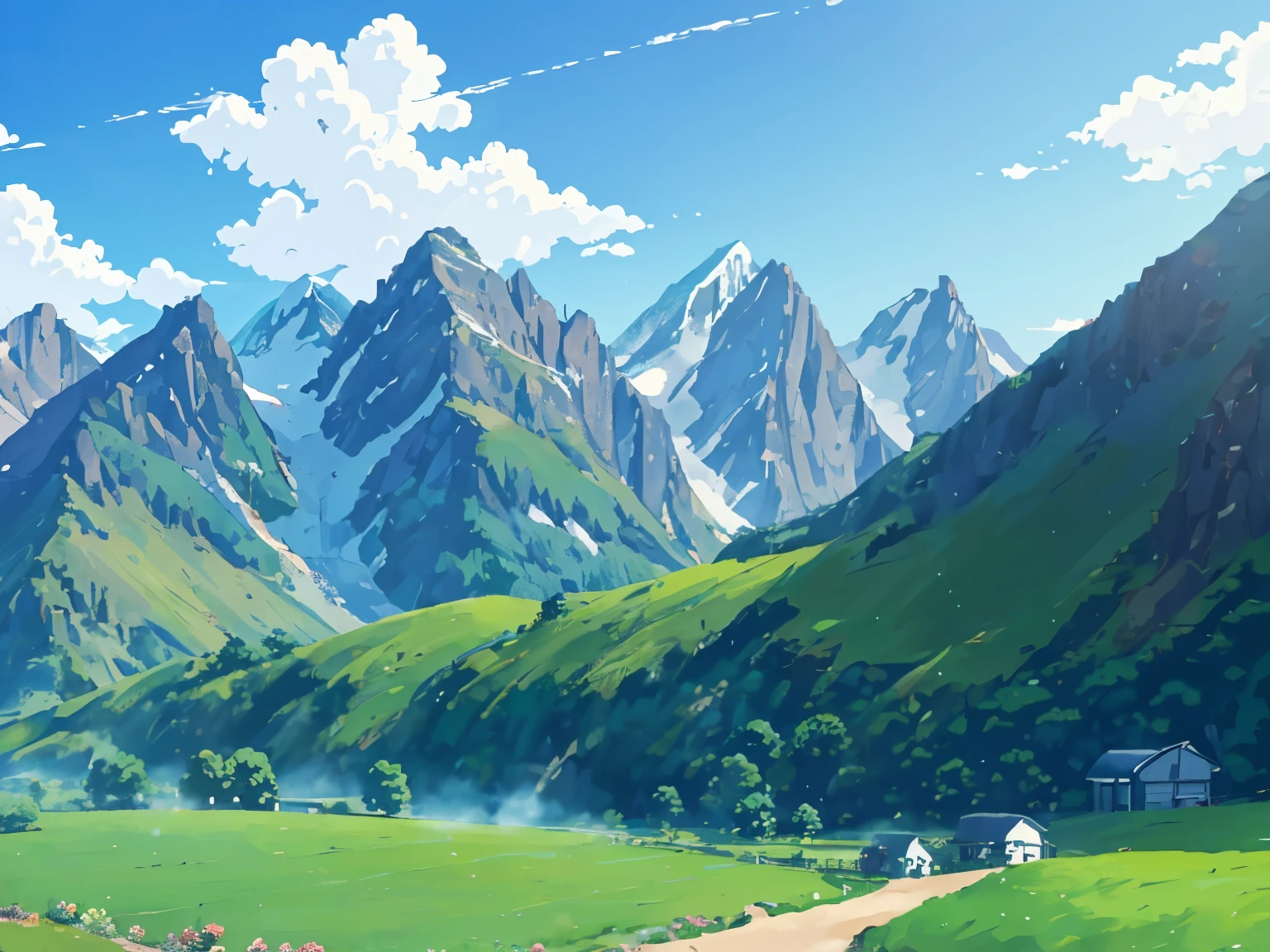 DVD screengrab from studio ghibli movie, (beautiful mountainside farm:1.4), clouds on blue sky, designed by Hayao Miyazaki, retro anime