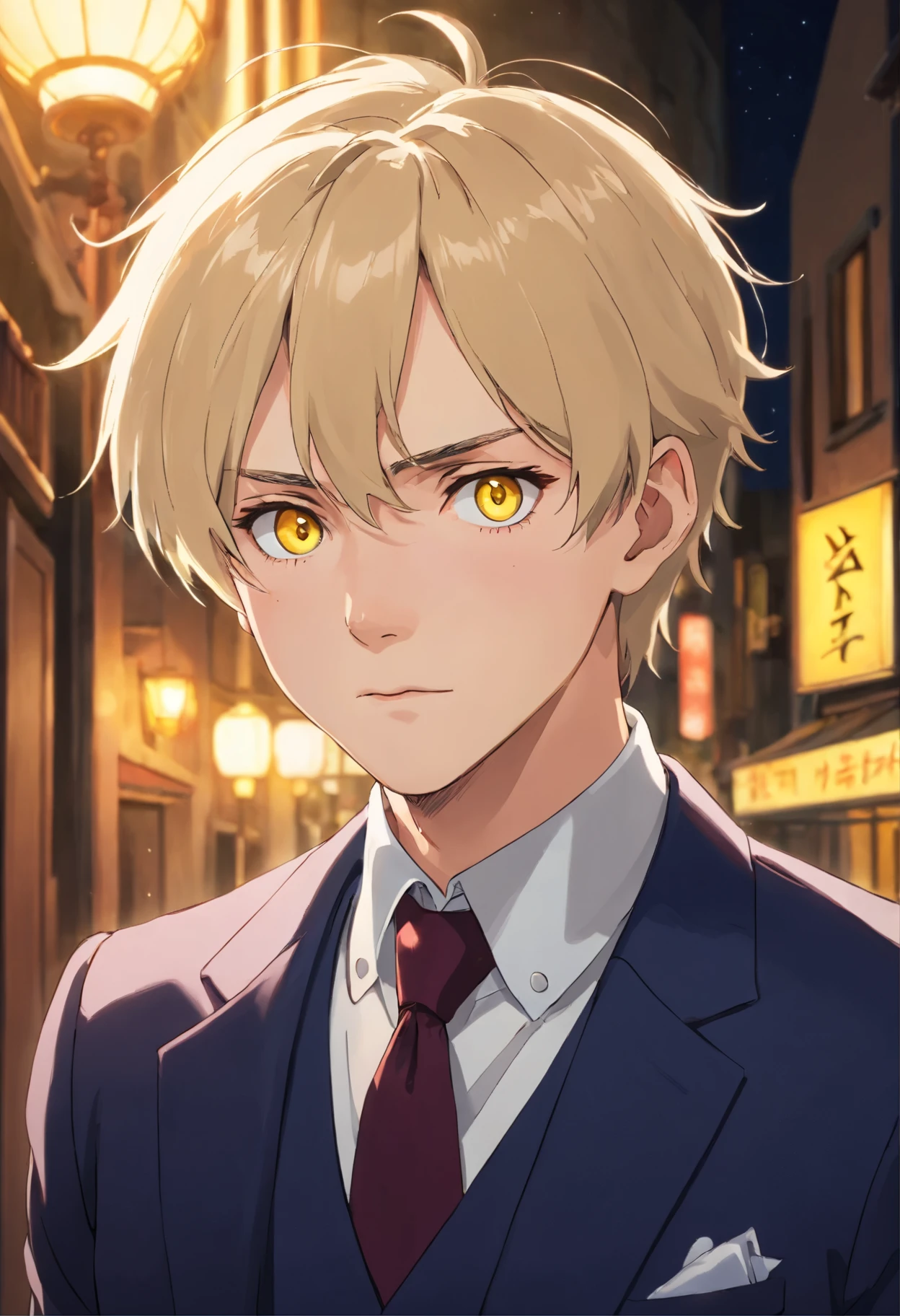 (best quality, highres, realistic, ultra-detailed), (portrait:1.2),,vampire,handsome man,blonde hair,scars on face,yellow eyes,golden eyes,facial expression,sharp jawline,detailed facial features,fangs,suits,tailored suit,dapper,sharp-dressed,confident stance,dark background,moonlight,nighttime atmosphere,gothic style,captivating gaze,luring expression,hint of danger,pale skin,resolute gaze,graceful posture