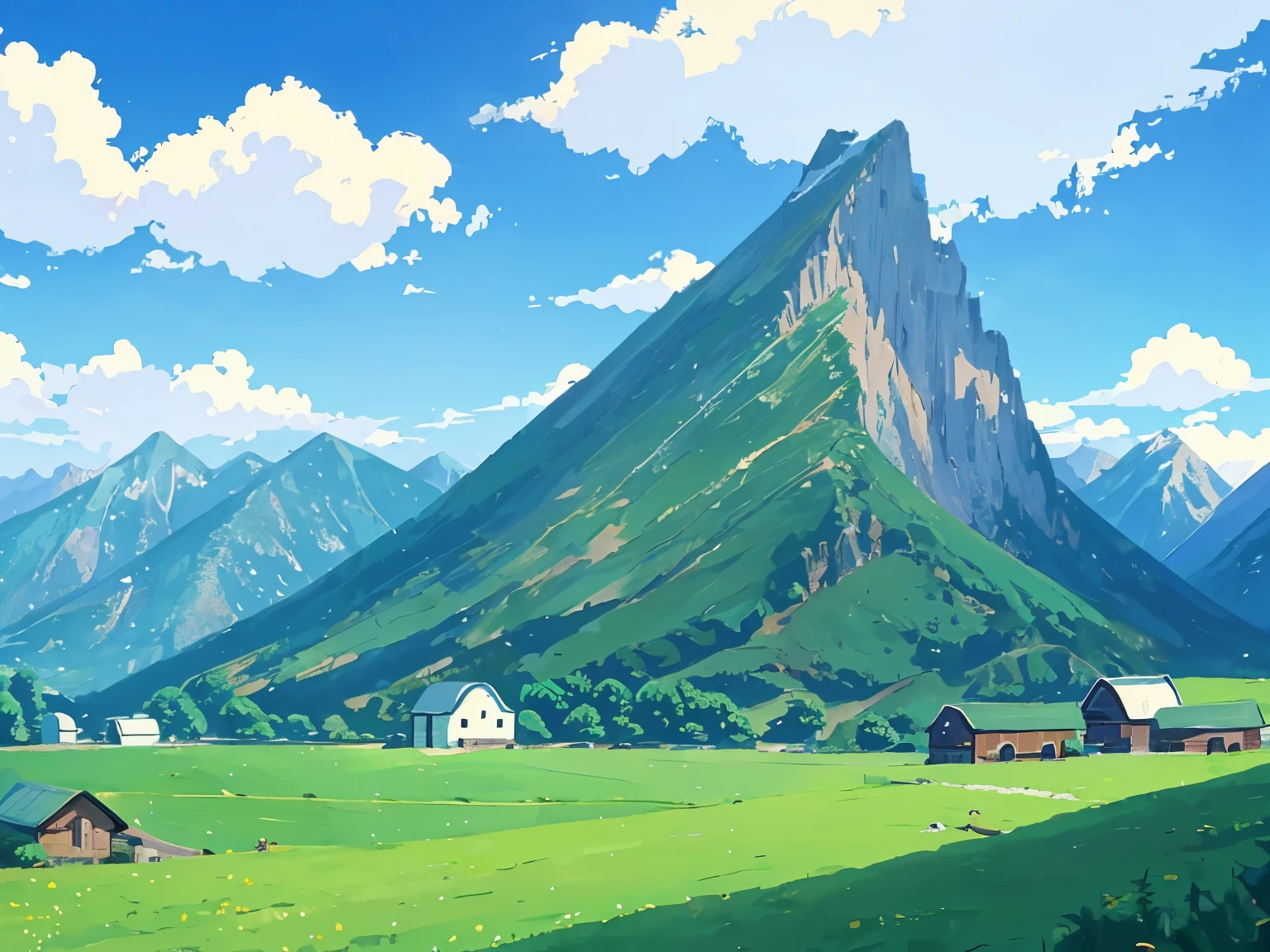 DVD screengrab from studio ghibli movie, (beautiful mountainside farm:1.4), clouds on blue sky, designed by Hayao Miyazaki, retro anime