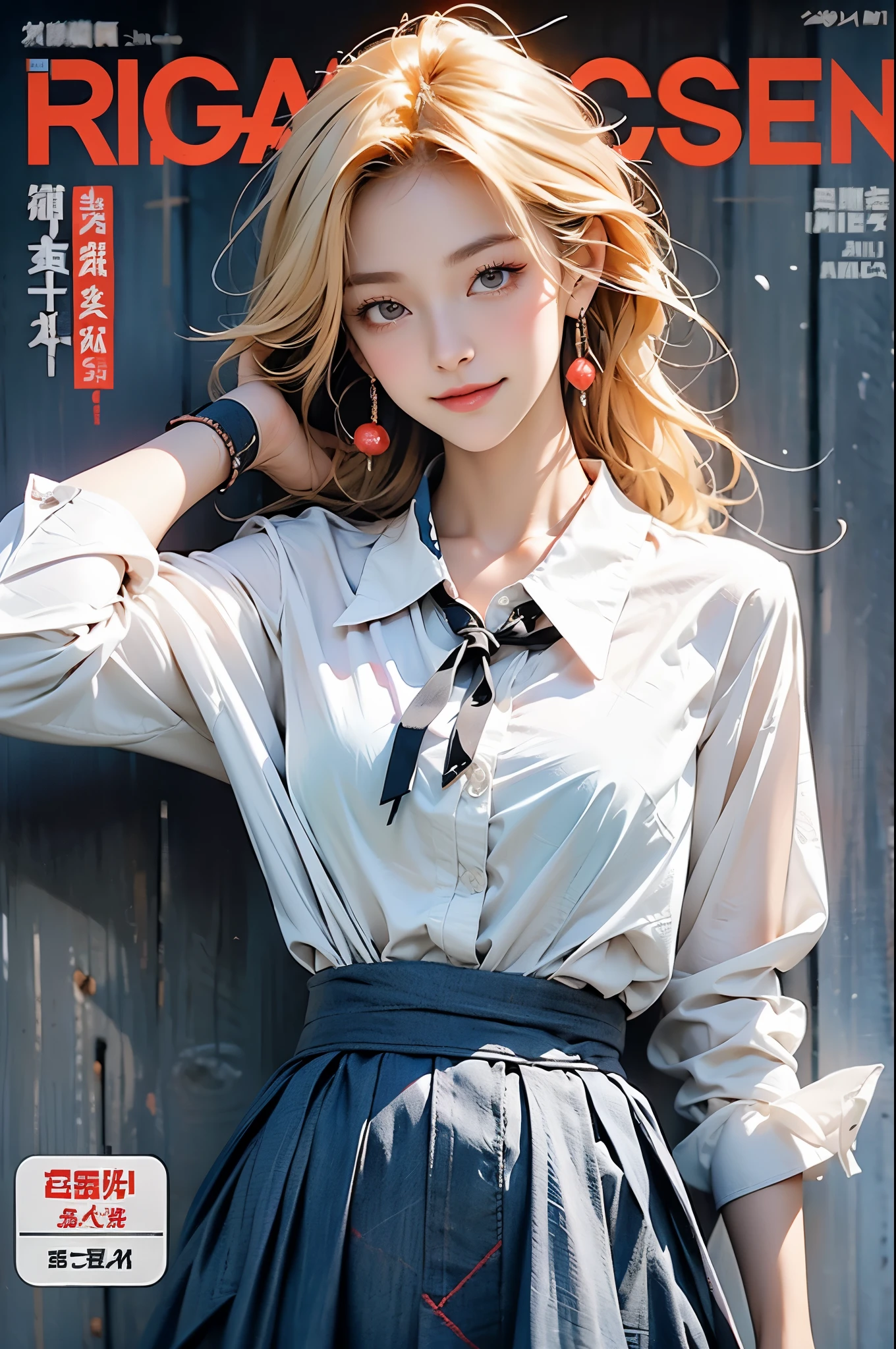 masterpiece, superb style, whole body, 1 girl, Bangs, Black collar, Black tie, blonde hair, Blue skirt, blush, bracelet, beautiful , collar, Dress with a nipped-in, clavicle, Collared shirt, denim photo, Dress shirt, Ear punchings, Eyebrows visible through hair, gradient hair, Grinning, promote, jewelry, kogal, long hair, looking at the audience, Loose tie, tie, punching, Plaid skirt, Plaid skirt, Pleated skirt, red eyes, ring, Uniforms, shirt, skirt, Smile, alone, 白shirt, street, Sky, Cherry blossoms, petal, illustration, (Magazine: 1.3), (cover style: 1.3), Fashion, Miss, energetic, clothing, posture, front, rich and colorful, Dynamic, background, element, confident, expressive, catch, statement, Attachment, majestic, coiled, big约, touch, Scenes, text, cover, big胆的, striking, title, Fashion, font, catchy, title, big, striking, modern, fashionable, focus, fashionable, black,Naked trench (巨big的乳房:1.2),wet skin((rogue))Cool atmosphere