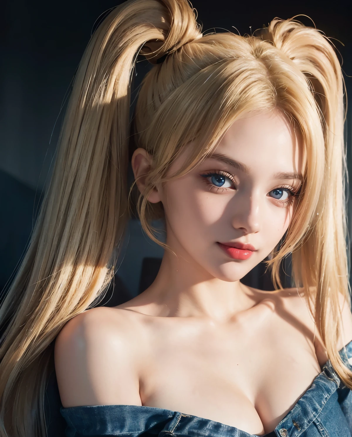 1girl, Blue eyes, (smile), shiny makeup, (Sana Minatozaki), Big , (Best Quality, 8k, Masterpiece: 1.3), perfect hands, Clear Focus: 1.2, Perfect Body Beauty: 1.4, Highly detailed face and skin texture, detailed eyes, double eyelids, (blonde long twintails :1.2), jewelry, looking at viewer, portrait, (close-up :1.1), red lips, black cleavage t-shirt, jeans