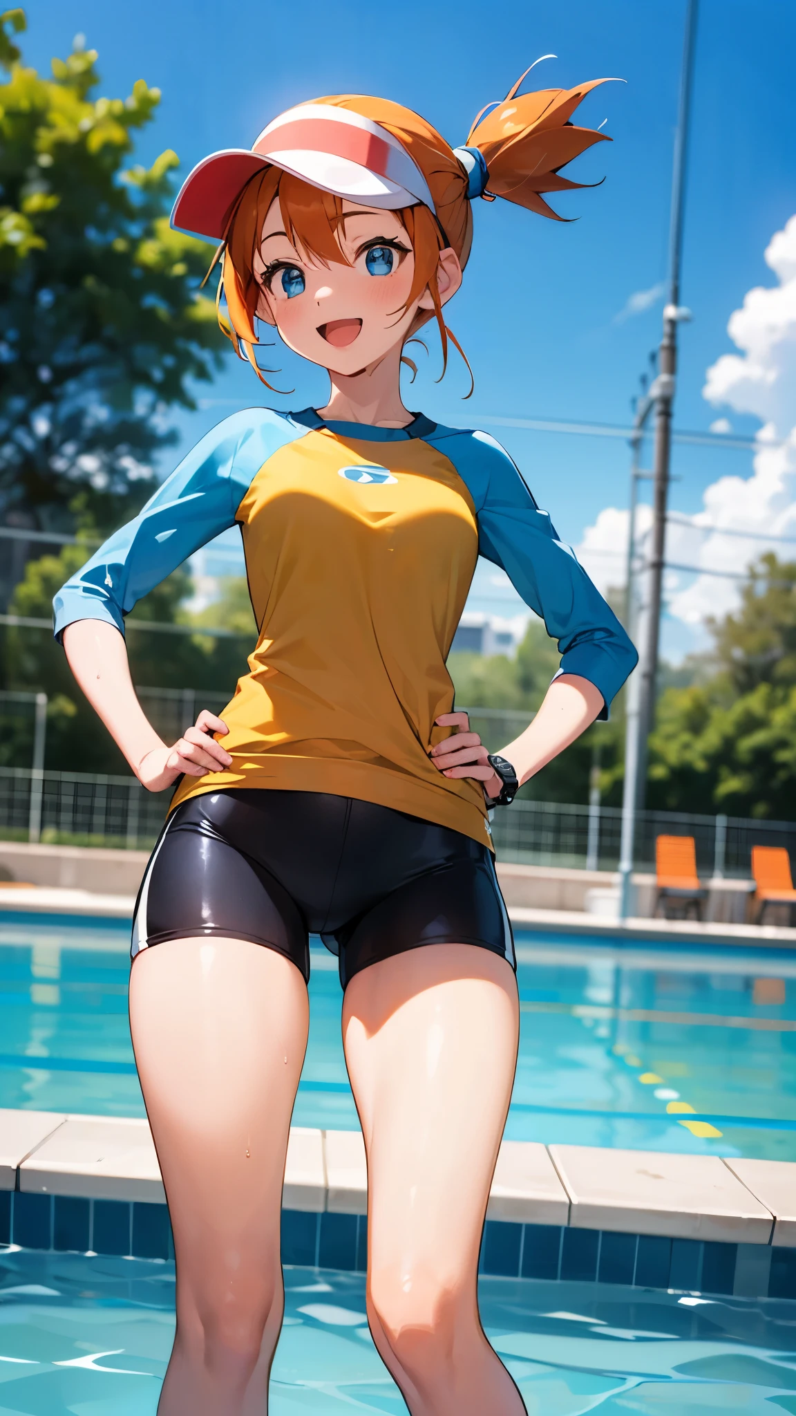 1 girl, masterpiece, best quality, highres, ro1, Misty from pokemon, hair bun, blue eyes, visor cap, , raglan sleeves, blue bicycle shorts, small ponytail on the side, wristwatch, standing, hand on hip, smile, open mouth, (sparkle:1.1), orange hair, medium breasts, 3/4 body view, outdoors, swimming pool