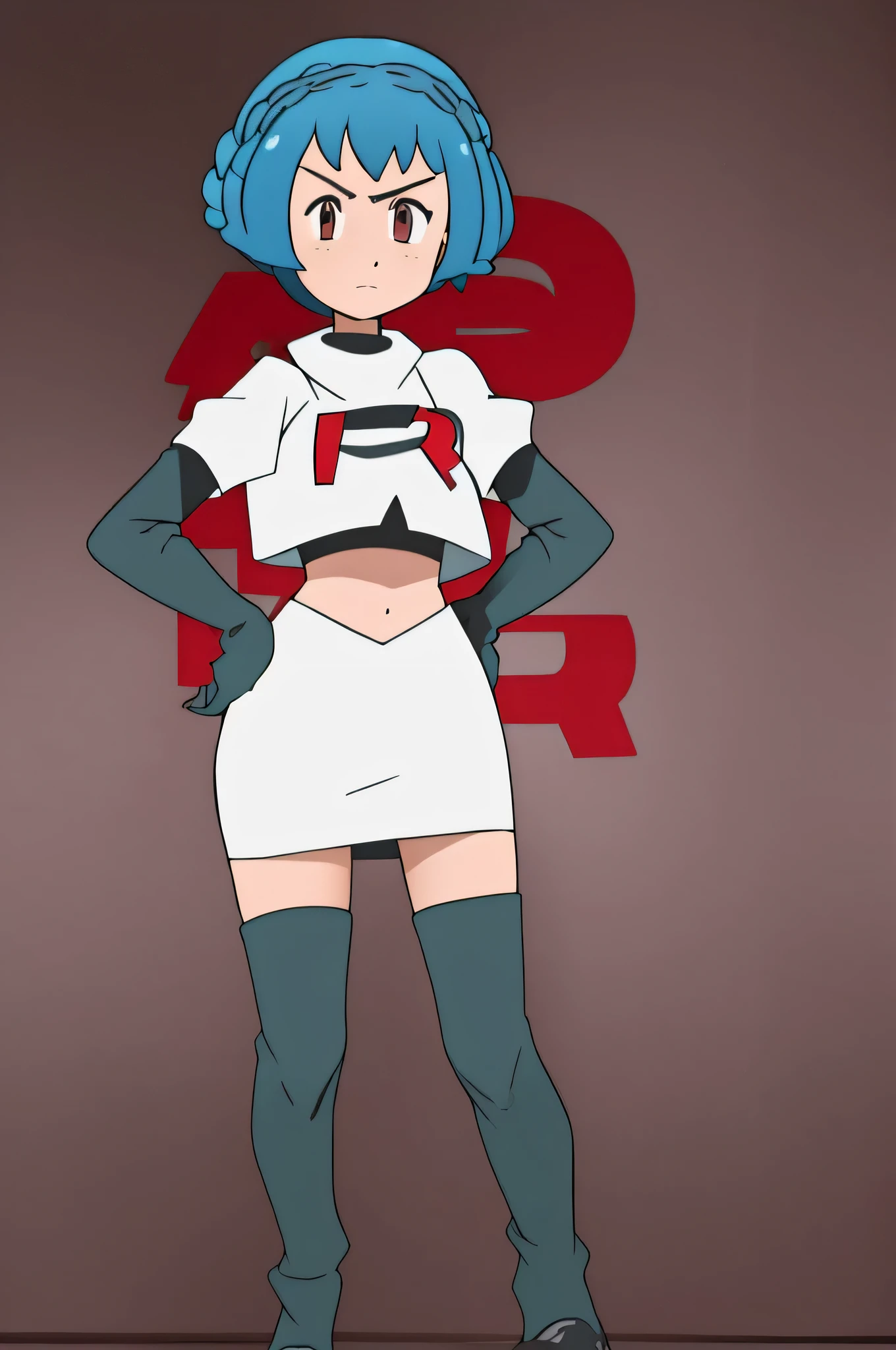 marianne von edmund,masterpiece, best quality, highres,team rocket uniform, red letter r, white skirt, white crop top, black thigh-high boots, black elbow gloves, glaring angrily, looking at viewer, hands on hips, full body seen, zettai ryouiki
