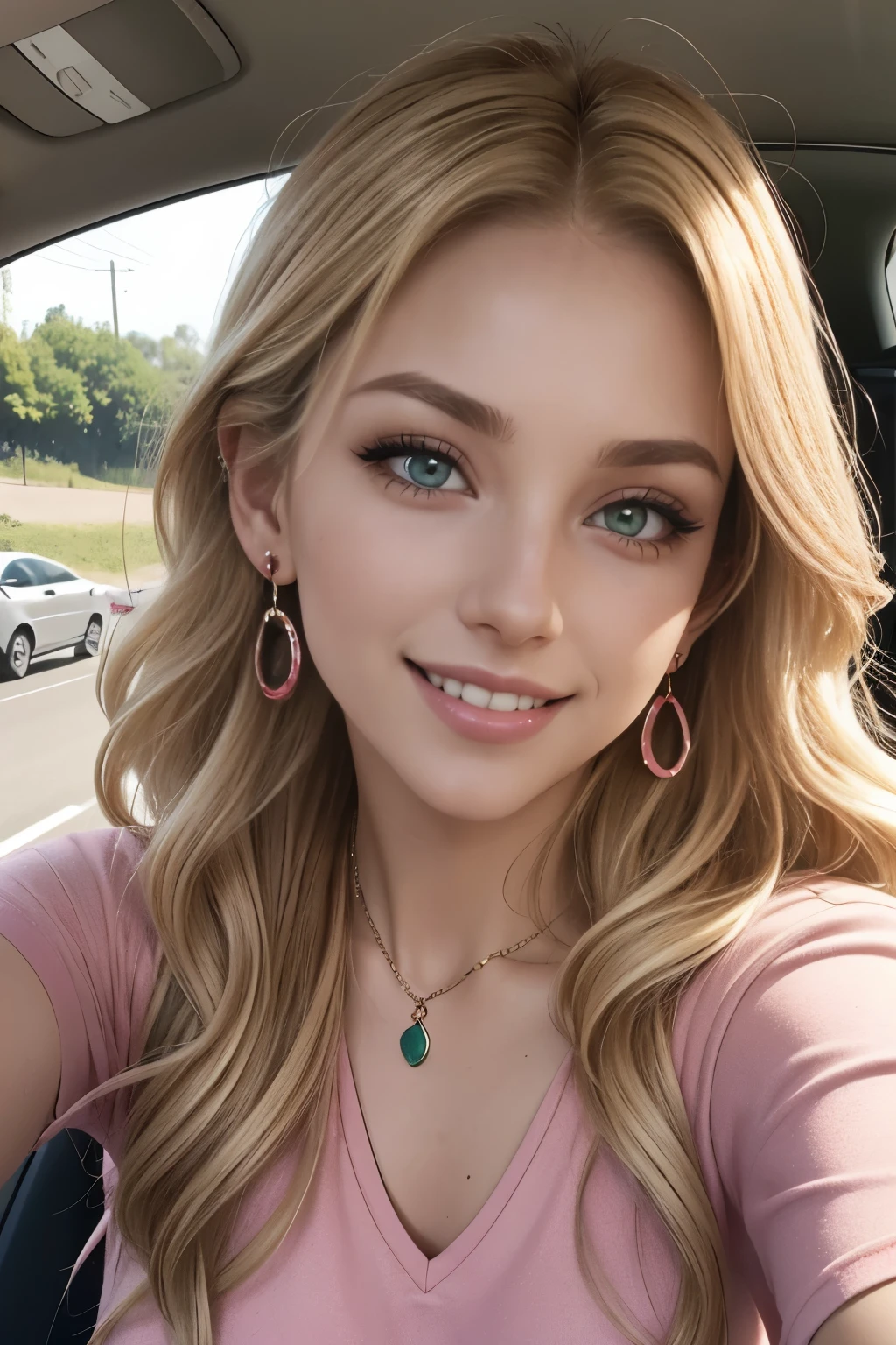 Caucasian woman, green eyes, lined eyes, blonde hair, hair with brown roots, wavy hair, long hair, red painted mouth, smile, earrings, necklace, athletic body, (pink top texture), earrings, in car, focus on face, selfie pose, frontal shot.