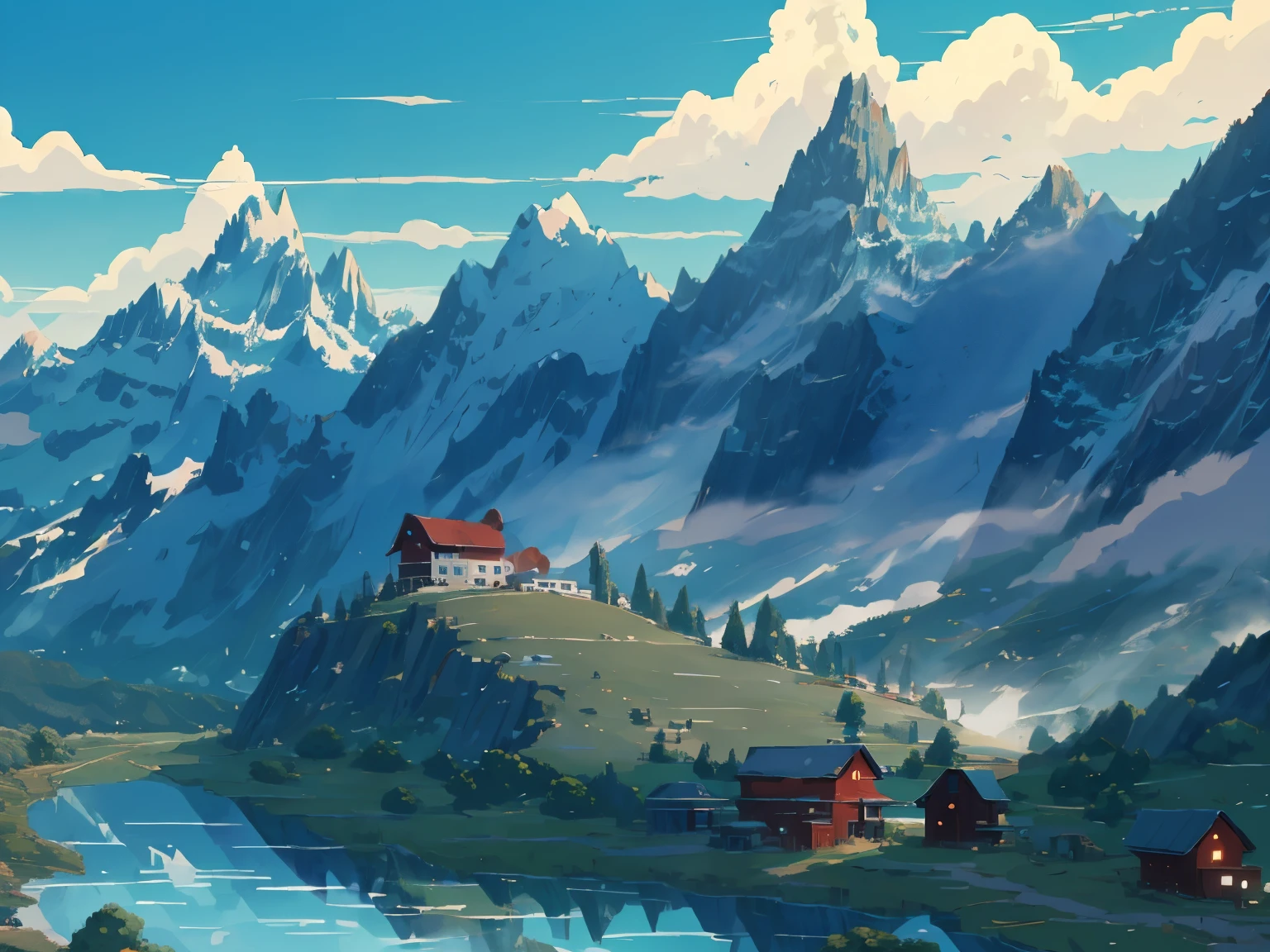 DVD screengrab from studio ghibli movie, (beautiful mountainside farm:1.4), clouds on blue sky, designed by Hayao Miyazaki, retro anime