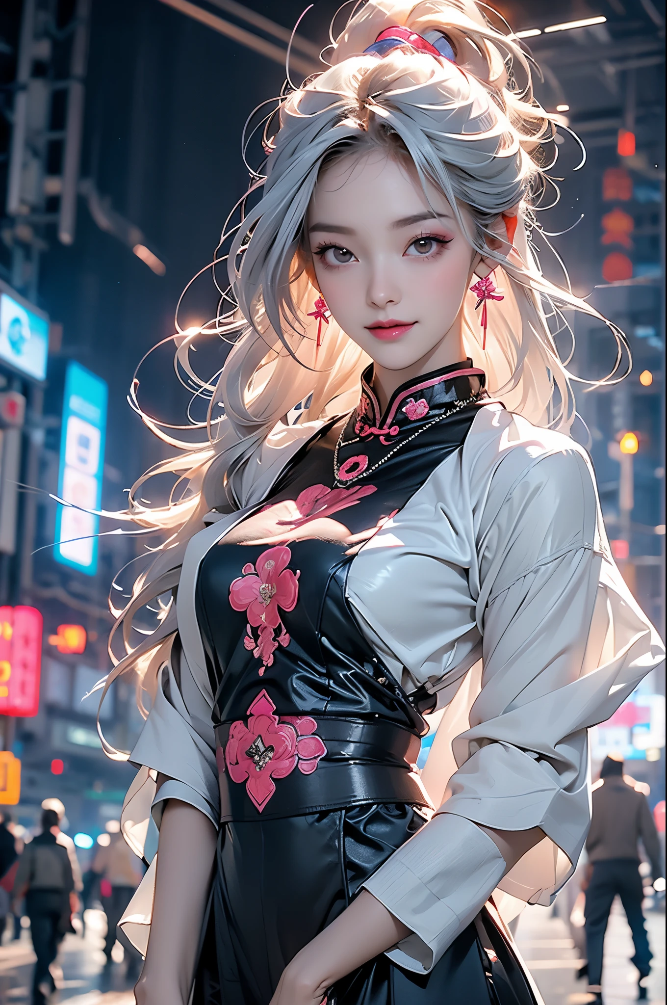 1 girl, Chinese_clothing, liquid silver and pink, cyberhan, cheongsam, cyberpunk city, dynamic poses, glowing headphones, Luminous hair accessories, long hair, Luminous earrings, glow necklace, cyberpunk, Hi-Tech City, full of mechanical and futuristic elements, futuristic, technology, glowing neon lights, pink, pink light, Transparent tulle, Clear streamers, laser, Digital background city sky, big moon, There is a vehicle, best quality, masterpiece, 8k, Character edge light, Ultra high detail, high quality, The most beautiful woman in mankind, smile slightly, Face forward and symmetrical, earring, Beautiful pupil light effect, visual data, silver hair, hair not messy, long hair over the waist, Luminous electronic watch, deep eyes, happy, english graffiti,Naked trench (huge breasts:1.2),wet skin((rogue))Cool atmosphere