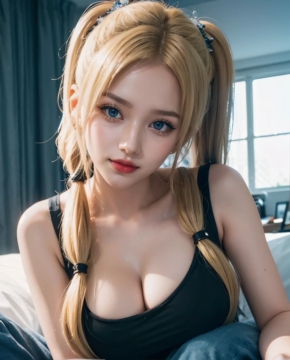 1girl, Blue eyes, (smile), shiny makeup, (Sana Minatozaki), Big , (Best Quality, 8k, Masterpiece: 1.3), perfect hands, Clear Focus: 1.2, Perfect Body Beauty: 1.4, Highly detailed face and skin texture, detailed eyes, double eyelids, (blonde long twintails :1.2), jewelry, looking at viewer, portrait, (close-up :1.1), red lips, black cleavage t-shirt, jeans