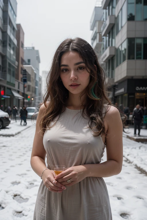 professional portrait photograph of a gorgeous Israel girl in coctail dress with long wavy blonde hair, sultry flirty look, gorgeous symmetrical face, cute natural makeup, wearing elegant coctail dress, ((standing outside in snowy city street)), stunning modern urban environment, ultra realistic, concept art, elegant, highly detailed, intricate, sharp focus, depth of field, f/1. 8, 85mm, medium shot, mid shot, (((professionally color graded))), bright soft diffused light, (volumetric fog), trending on instagram, hdr 4k