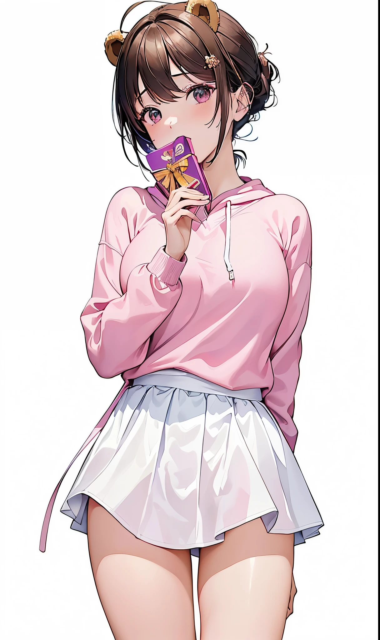 1girl,solo,(masterpiece,best quality, official art,aim to viewers, beautiful and aesthetic:1.3),((ultra high res,golden ratio,)) (4k,8k,16k), her outfit holding a valentines chocolate box,pink Hoodie, white skirt, smooth thighs, bear ears , shy