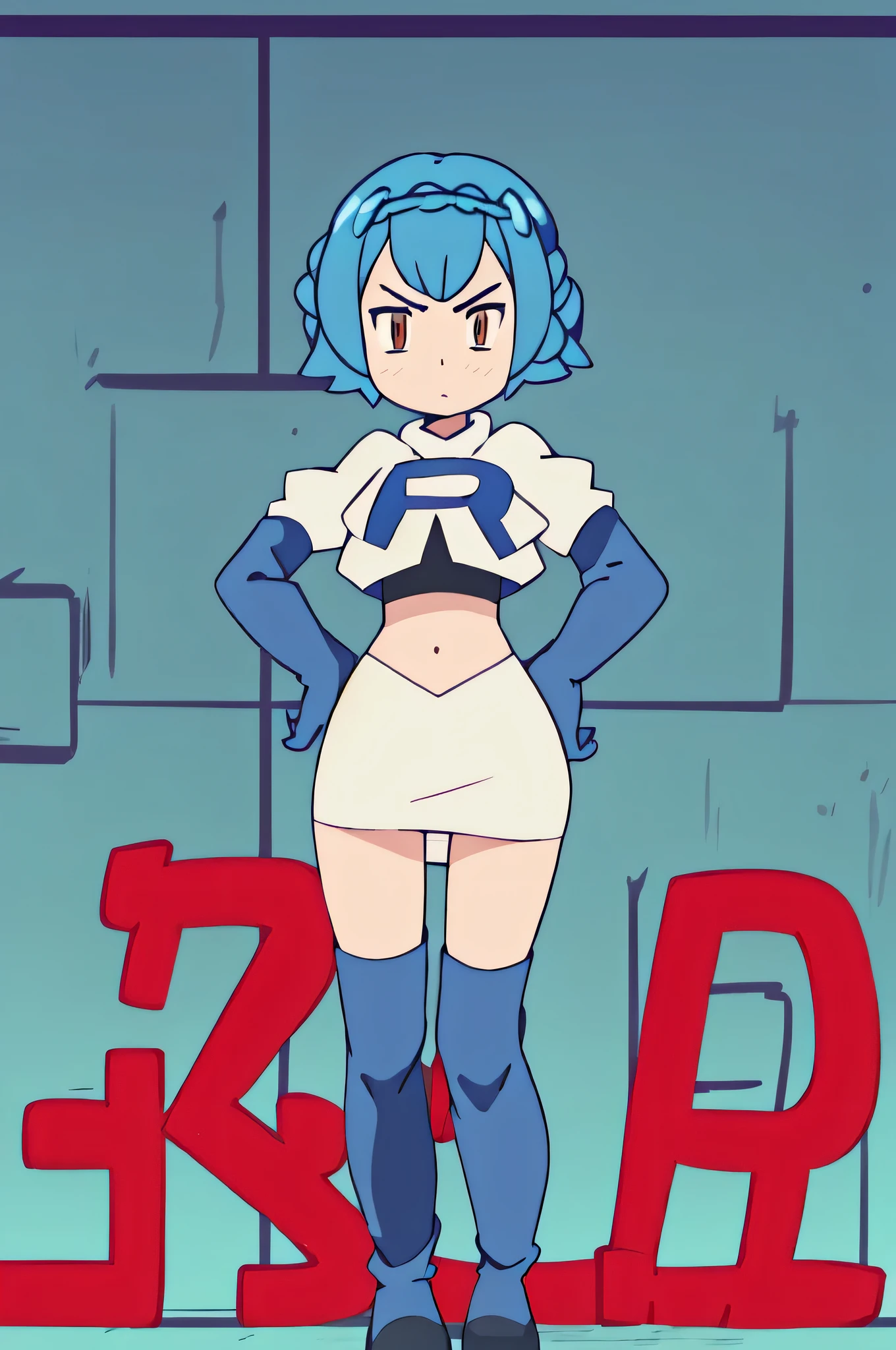 marianne von edmund,masterpiece, best quality, highres,team rocket uniform, red letter r, white skirt, white crop top, black thigh-high boots, black elbow gloves, glaring angrily, looking at viewer, hands on hips, full body seen, zettai ryouiki