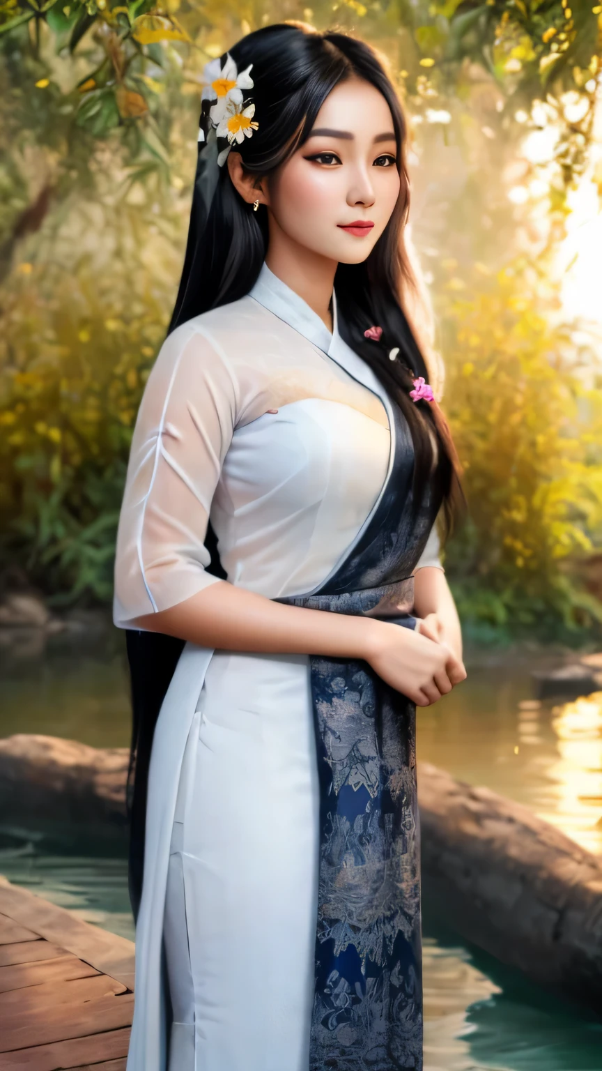 A photorealistic portrait of a stunningly beautiful Myanmar lady with long, flowing black hair adorned with traditional jasmine flowers. Bathed in the warm glow of the setting sun, (best quality,8k,ultra detailed, top quality,masterpiece:1.2), Burmese girl