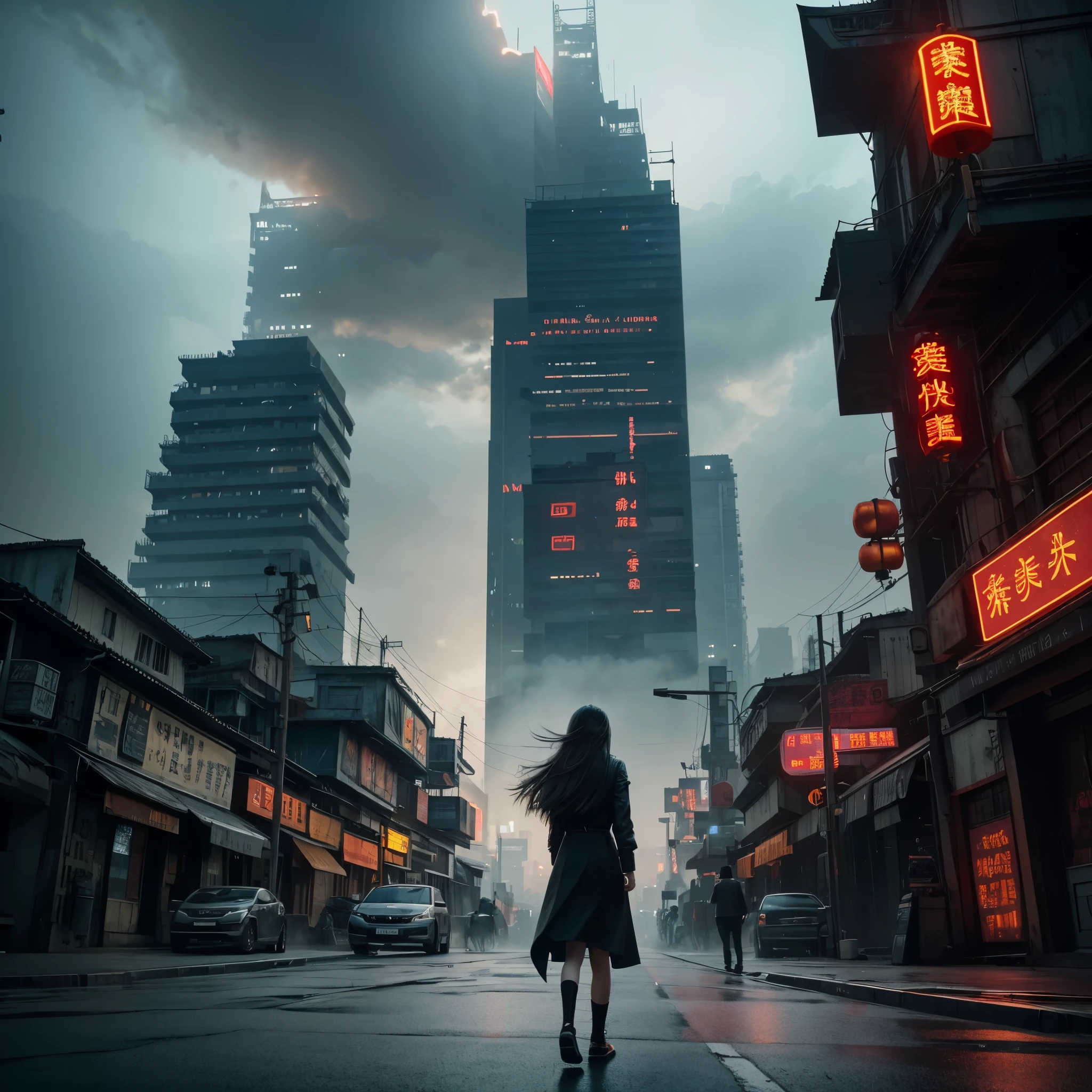 Girl's long Hair, Chinese girl, Walking Posture, Super Detail, Digital Art, Web Movie Lighting, Studio Quality, Smooth rendering, Unreal Engine 5 Rendering, Sinting Rendering, Rusty dystopian streets, Smoke-filled skylines, deteriorating cities, desolate Streets, Ominous Cloud-lit fantasy Art, Dramatic Lighting, Soft Detail, Sintan, Film, Ray-tracking, Sharp and Sharp focus, illustration, 8k HD, Ultra Wide, 8k HD, Ultra Wide,cinematic shot
