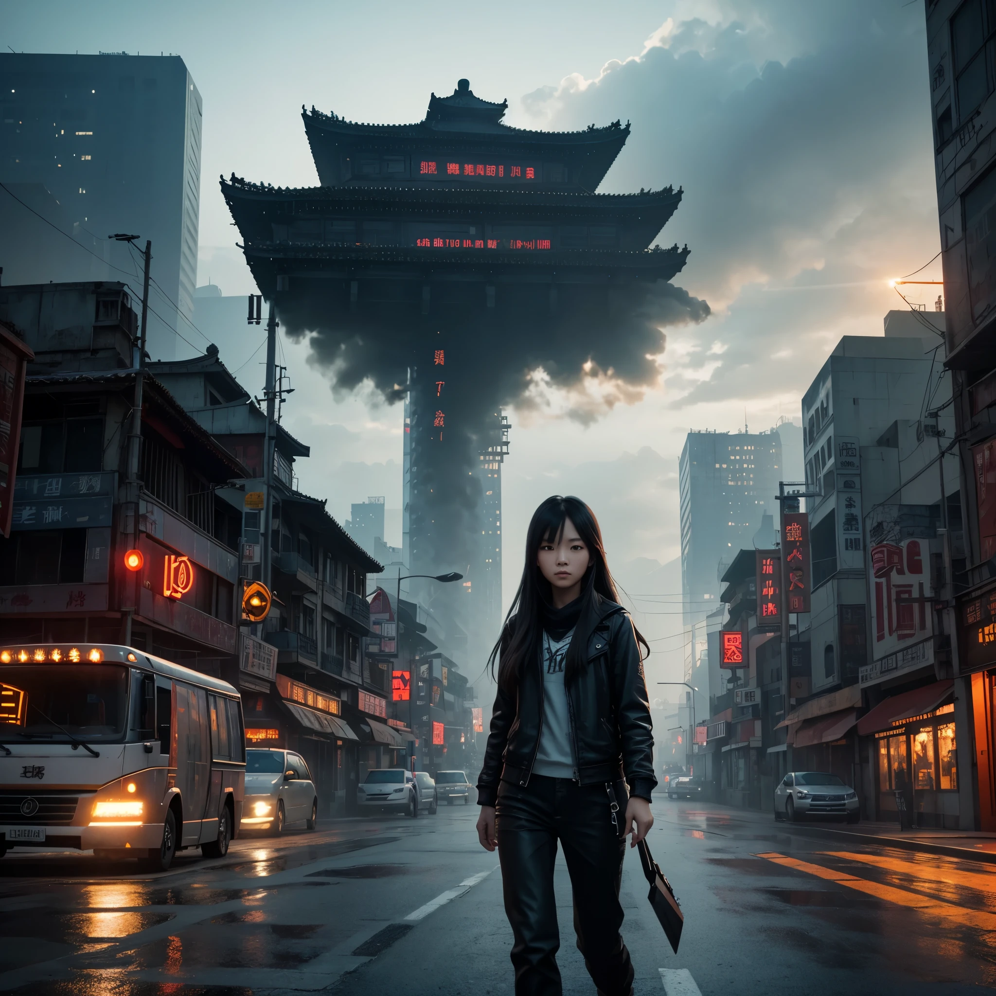 Girl's long Hair, Chinese girl, Walking Posture, Super Detail, Digital Art, Web Movie Lighting, Studio Quality, Smooth rendering, Unreal Engine 5 Rendering, Sinting Rendering, Rusty dystopian streets, Smoke-filled skylines, deteriorating cities, desolate Streets, Ominous Cloud-lit fantasy Art, Dramatic Lighting, Soft Detail, Sintan, Film, Ray-tracking, Sharp and Sharp focus, illustration, 8k HD, Ultra Wide, 8k HD, Ultra Wide,cinematic shot