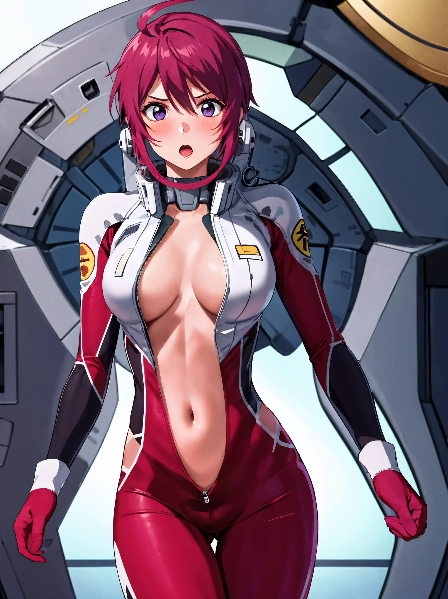 1girl, solo, (pilot suit and open front unzipped down to the navel), cleavage of the breast, gloves, short hair, ahoge, red hair, purple eyes, purple hair, cowboy shot, standing, medium large breasts, nipple, surprised, embarrassed, looking at viewer, spaceship hangar, masterpiece, best quality, highres, masterpiece, best quality, highres