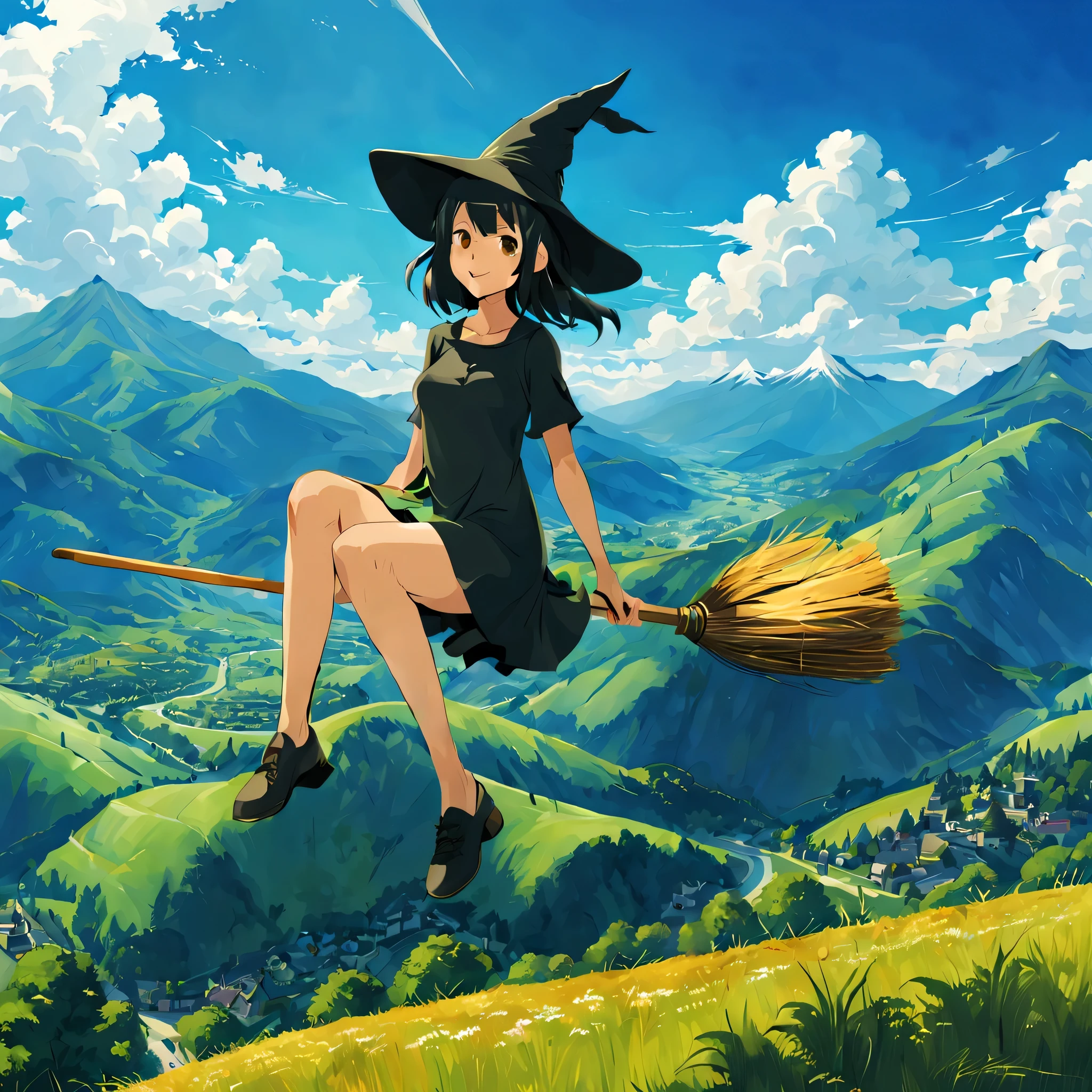 ((((Flying Witch))),((Hold the broom between your inner thighs:magic:rides:Flight)),Sit on a broom,Ride a broom,Straddling a broom,fantasy,beautiful light and shadow,be familiar with,((landscape:blue sky:summer)),A fresh green mountain below々,summerの日差し,anatomically correct,masterpiece,perfect face,cute