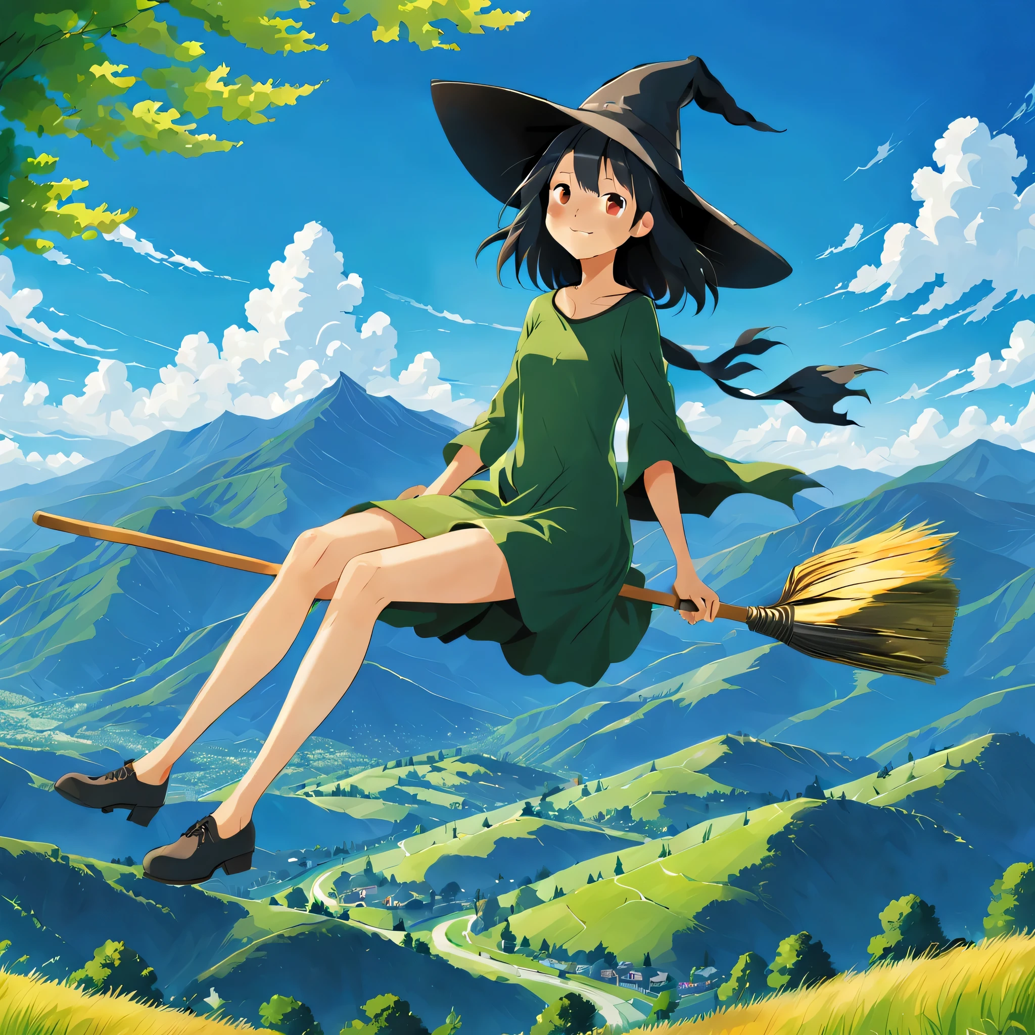 ((((Flying Witch))),((Hold the broom between your inner thighs:magic:rides:Flight)),Sit on a broom,Ride a broom,Straddling a broom,fantasy,beautiful light and shadow,be familiar with,((landscape:blue sky:summer)),A fresh green mountain below々,summerの日差し,anatomically correct,masterpiece,perfect face,cute,girl,