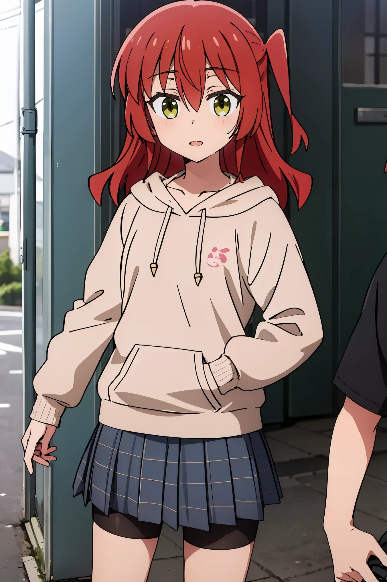 1 girl, hdr, ikuyo kita, red hair, one side up, long hair, green eyes, hoodie, pink hoodie, long sleeves, grey skirt, plaid skirt, bike shorts, standing, open mouth, looking at viewers, room, bike shorts under skirt,
