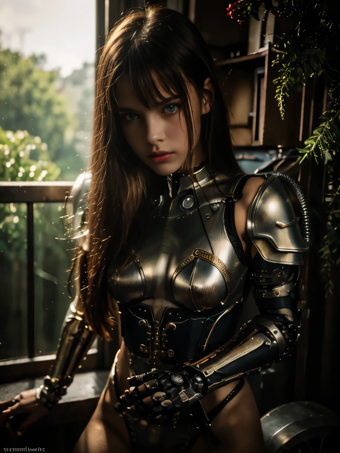 (1 Mechanical Cyborg Girl) 、(Russian girl ************, European appearance)、mutant monster behind her attacking her, she is fighting back. black and gold vaultsuit, combat harness, topquality、tmasterpiece、超High Resolution、(photorealestic:1.4)、RAW photo、1 Russian girl、Fight mutants、Glowy skin、(((1 Russian girl mechanic)))、With a beautiful knife、（Red bodysuit with metallic effect and riveted steel plates.）、(Battle Cups、ogre、Fierce battle with the Orcs),（Fight the aliens furiously）、Fight fiercely、(Beautiful forest background)、(Fighting demonic beasts)、(Small LED)、((Super realistic details))、portlate、(The Backstory of a Strong Giant Demon Beast),Global Illumination、ombre、Octane rendering、8K、Ultra-spicy、Raw skin is exposed when split、metals、Details of complex ornaments、Russian Details、Very complex detailing、Realistic light、(Mystical expression),CGSoation Trends、blue eyes、Radiant Eyes、facing the camera、neon details、(Mechanical Limbs)、(blood vessels, connected to tubes)、(Wires and cables, Plug-in to the head)、Small LED、,Mechanical hips、Tustok、（Hands are also made of machines）、（Attack of monstrous beasts）、