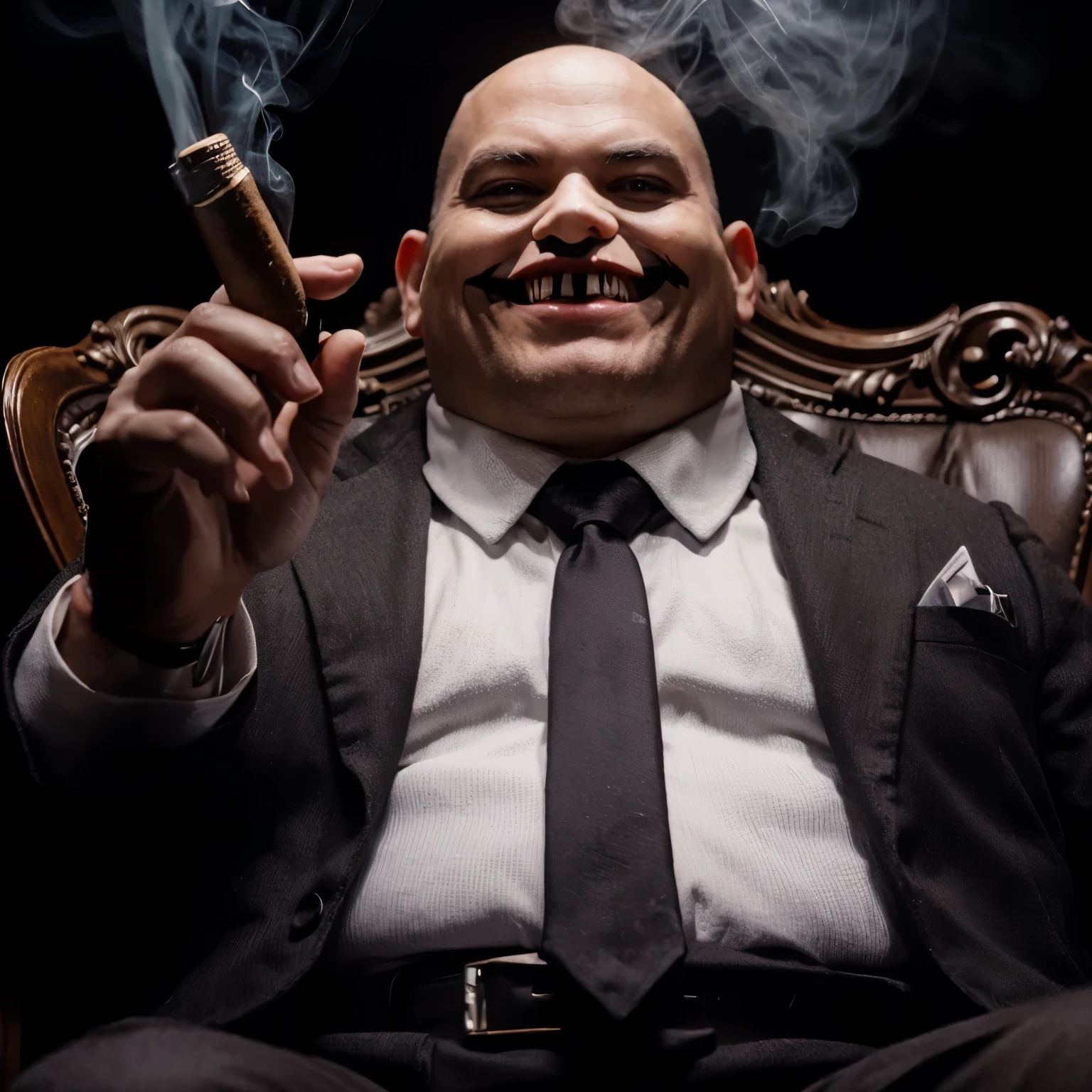 Penguin villains character from dc sit in chair with smoked