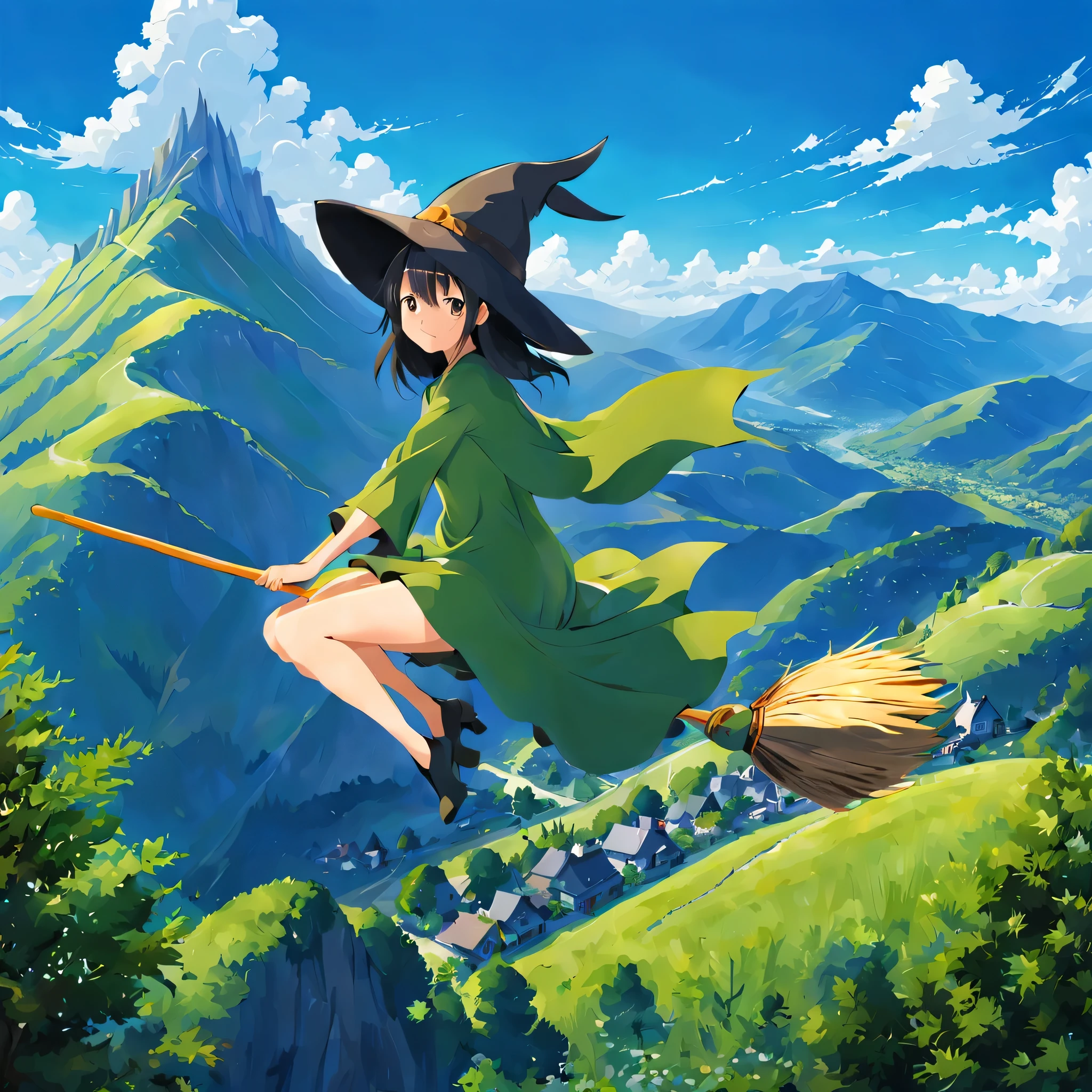 ((((Flying Witch))),((Hold the broom between your inner thighs:magic:rides:Flight)),Sit on a broom,Ride a broom,Straddling a broom,fantasy,beautiful light and shadow,be familiar with,((landscape:blue sky:summer)),A fresh green mountain below々,summerの日差し,anatomically correct,masterpiece,perfect face,cute