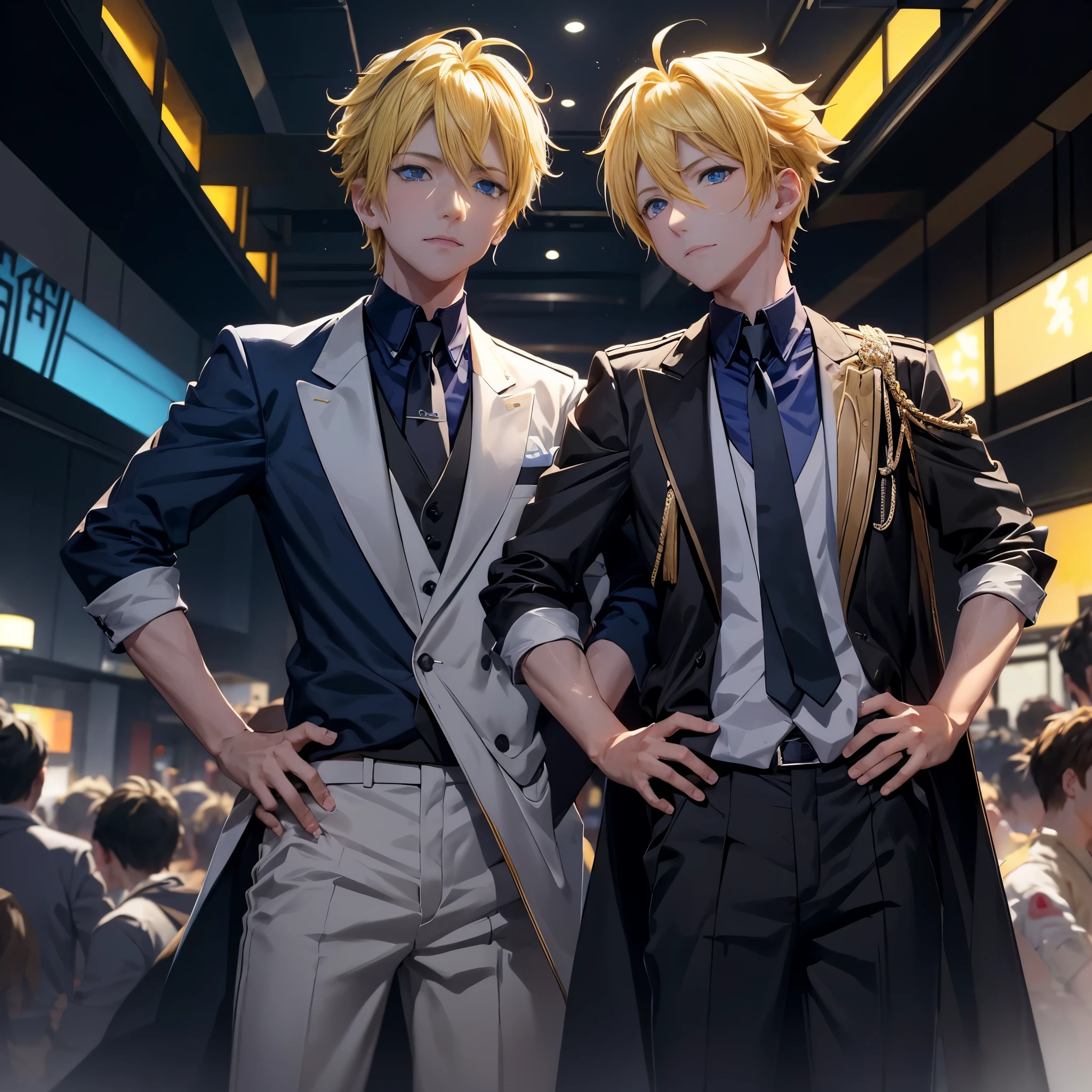 (idolish7\), 独奏, 1 boy, Male Focus, Look at viewers, Yellow haired, (Blue  eyes), 鎖骨, put hands on the hip, Black prince uniform, Dark blue necktie