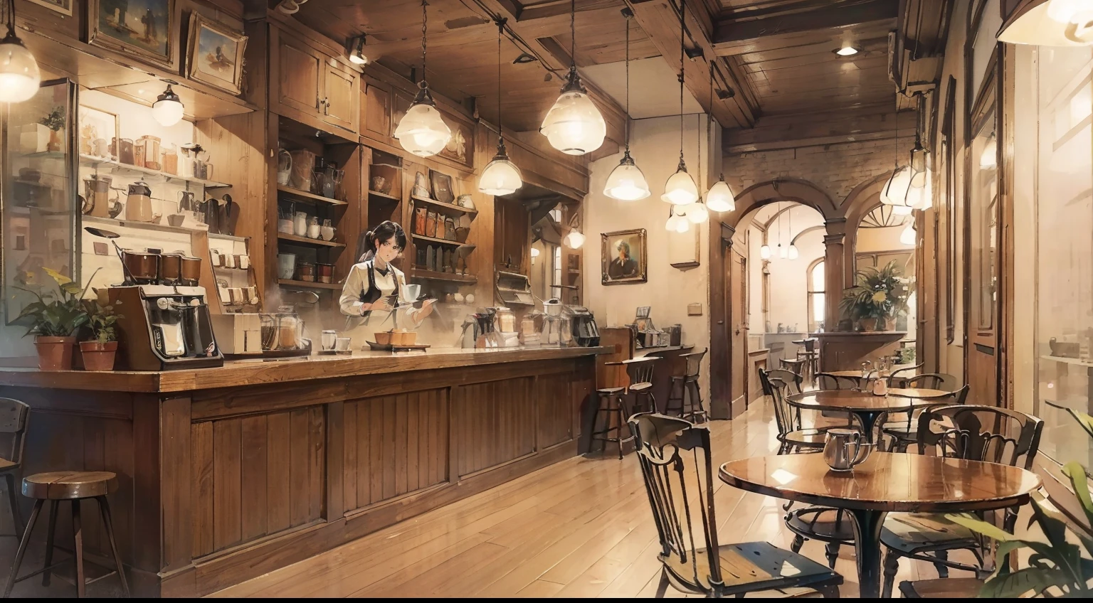 masterpiece, highest quality, very delicate and beautiful, Super fine, Haile, very elaborate, figure, realistic, coffee shop, retro,antique