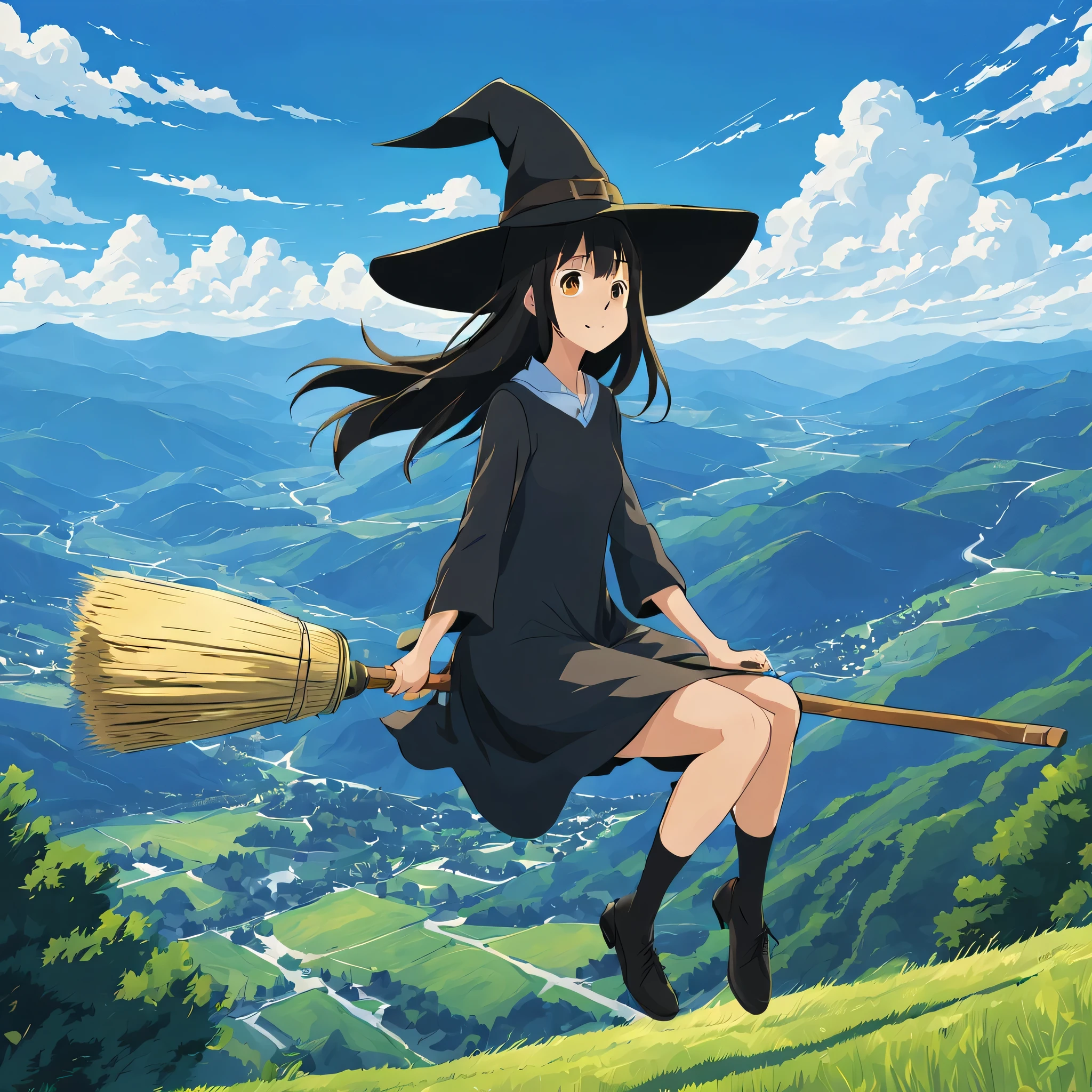 ((((Flying Witch))),((Hold the broom between your inner thighs:magic:rides:Flight)),Sit on a broom,Ride a broom,Straddling a broom,fantasy,beautiful light and shadow,be familiar with,((landscape:blue sky:summer)),A fresh green mountain below々,summerの日差し,anatomically correct,masterpiece,perfect face,cute