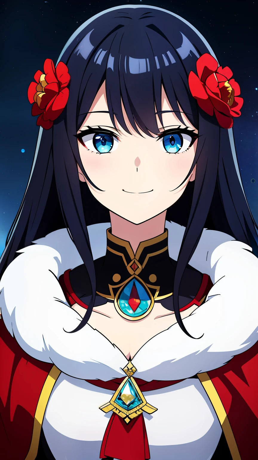 (high-quality, breathtaking),(expressive eyes, perfect face) 1girl, female, solo, adult, medium length hair, pale aquamarine and black hair color, multicolored hair, glowing hair, red strands in hair, loose hair, wavy hair, red blue eyes, soft expression, black cloak, white shirt, fantasy mage clothing, Goddess of Underworld and Hatred, space background, portrait, upper body, magic, mum vibe, smile, Ancient Roman Clothing, Ancient Greek Clothing, soft makeup, Poppy Flower in hair, age 40, Hades Inpired
