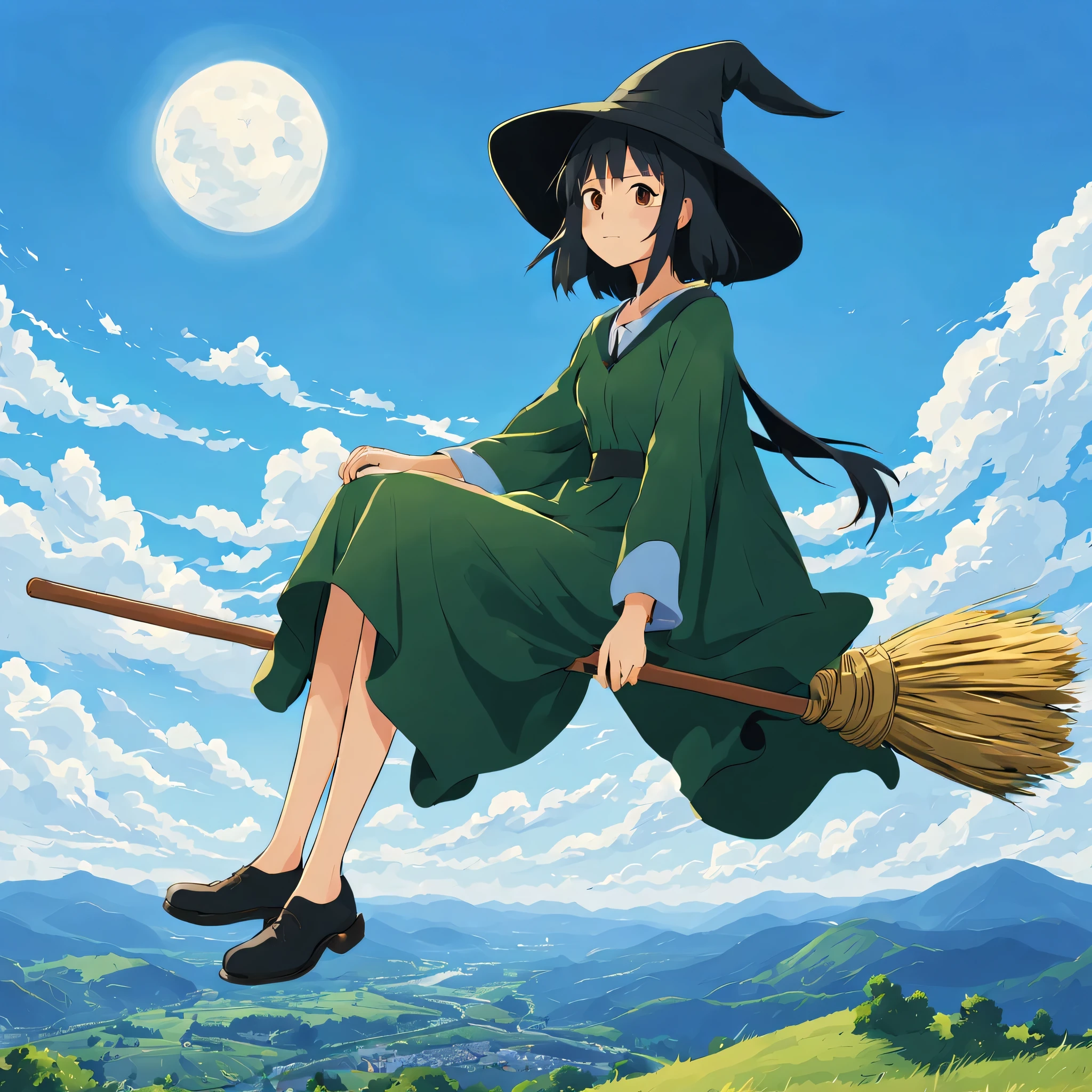 ((((Flying Witch))),((Hold the broom between your inner thighs:magic:rides:Flight)),Sit on a broom,Ride a broom,Straddling a broom,fantasy,beautiful light and shadow,be familiar with,((landscape:blue sky:summer)),A fresh green mountain below々,summerの日差し,anatomically correct,masterpiece,perfect face,cute