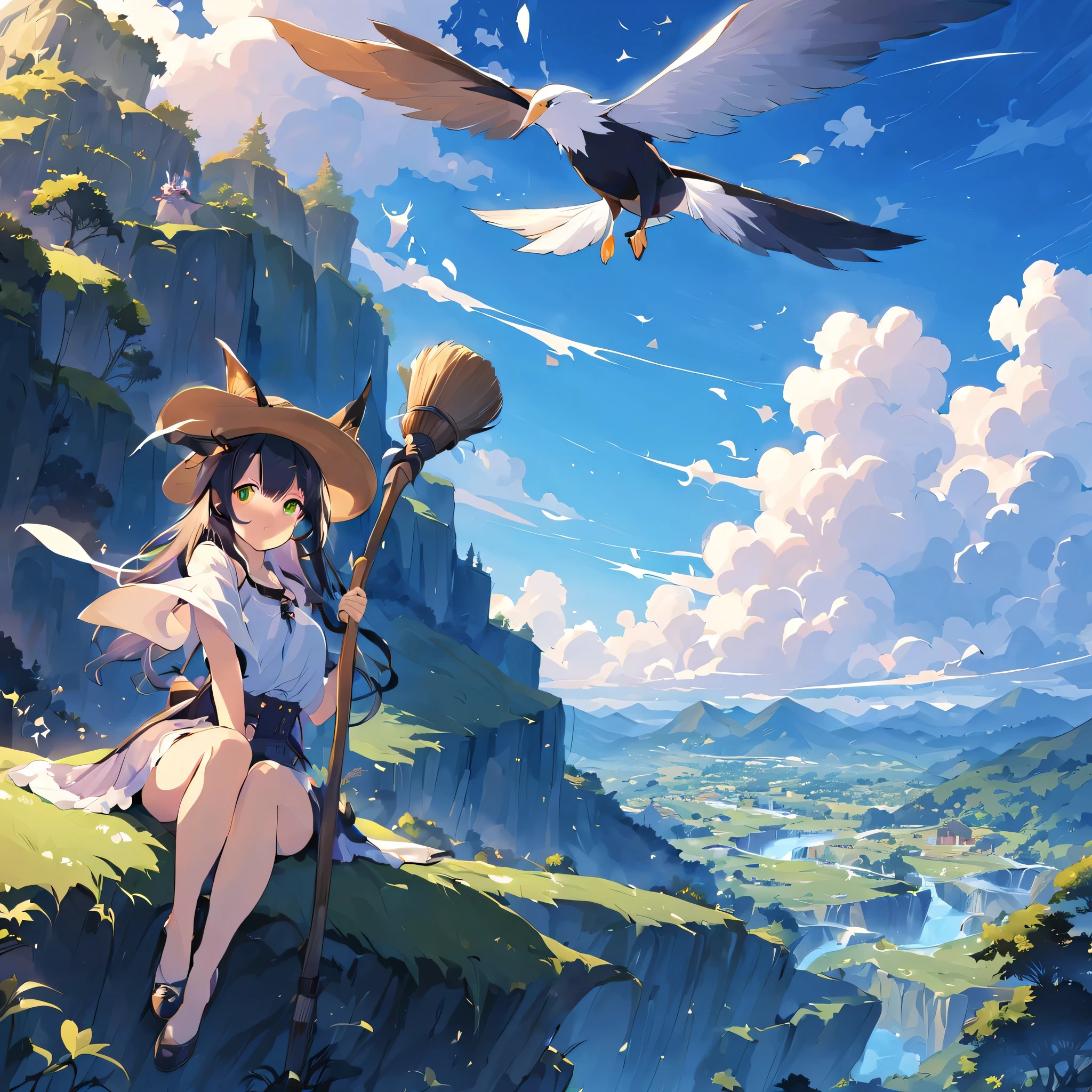 ((((Flying Witch))),((Hold the broom between your inner thighs:magic:rides:Flight)),Sit on a broom,Ride a broom,Straddling a broom,fantasy,beautiful light and shadow,be familiar with,((landscape:blue sky:summer)),A fresh green mountain below々,summerの日差し,anatomically correct,masterpiece,perfect face,cute