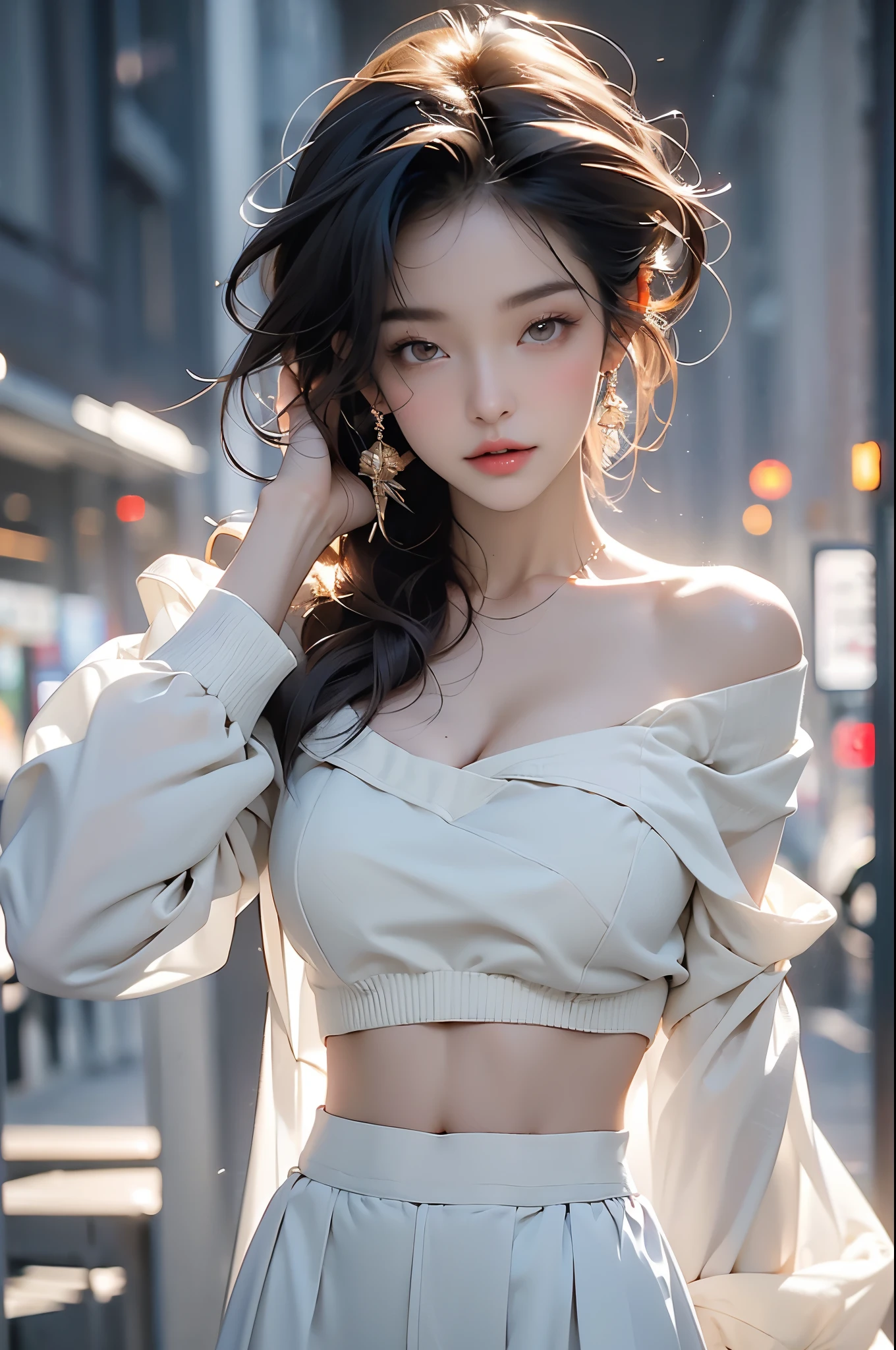 national foundation,best quality,masterpiece,ultra high resolution,(photo real:1.3),8k,original photo,1 girl,Exterior,巴黎世家model, (off shoulder sweater, crop top, long-sleeves sweater), wearing a white skirt,Huge cleavage,Full body female love,Photoshop,Fashion,simple background,natural skin texture,model,natural skin texture,dynamic poses,film grain,Naked trench (huge breasts:1.2),wet skin((rogue))Cool atmosphere