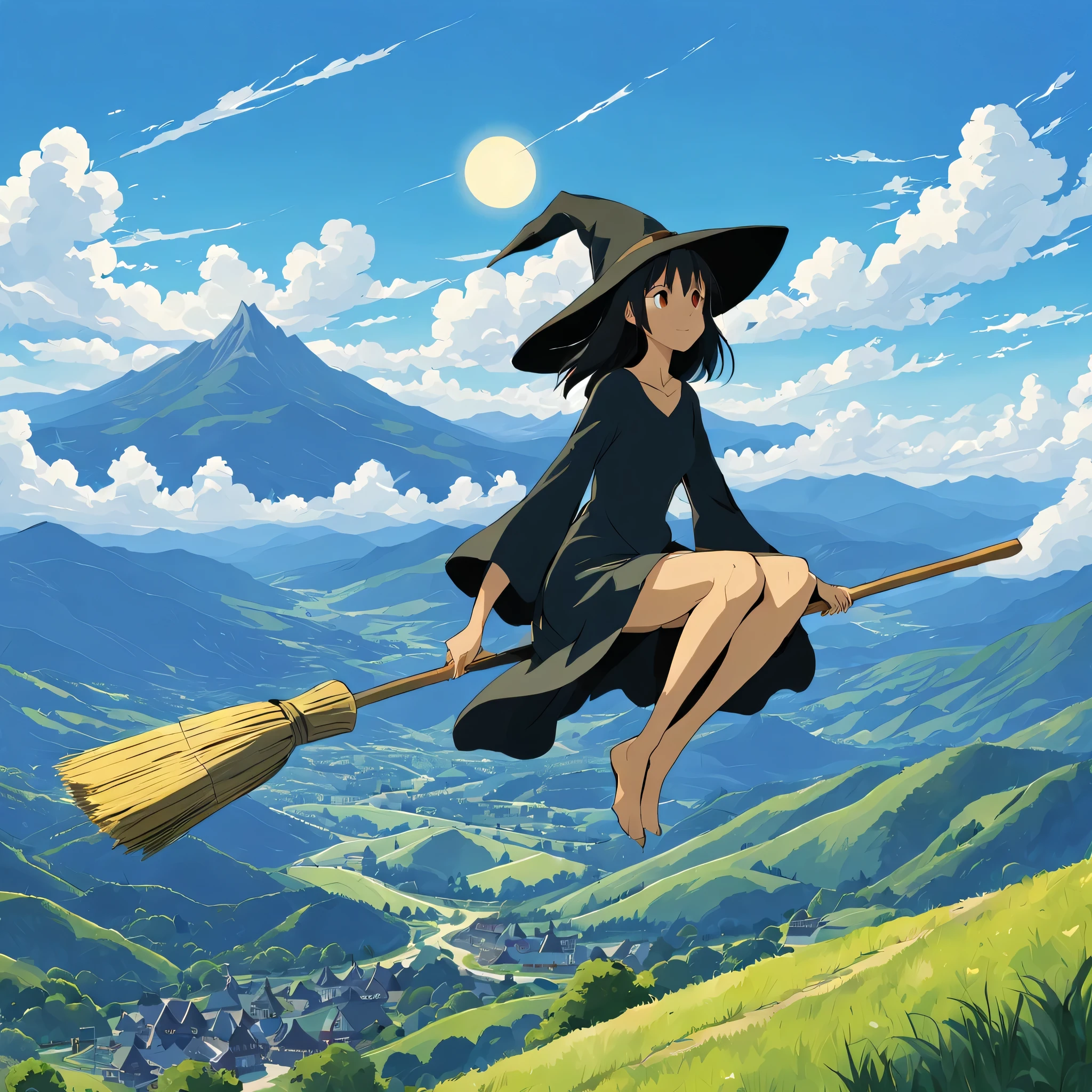 ((((Flying Witch))),((Hold the broom between your inner thighs:magic:rides:Flight)),Sit on a broom,Ride a broom,Straddling a broom,fantasy,beautiful light and shadow,be familiar with,((landscape:blue sky:summer)),A fresh green mountain below々,summerの日差し,anatomically correct,masterpiece,perfect face,cute